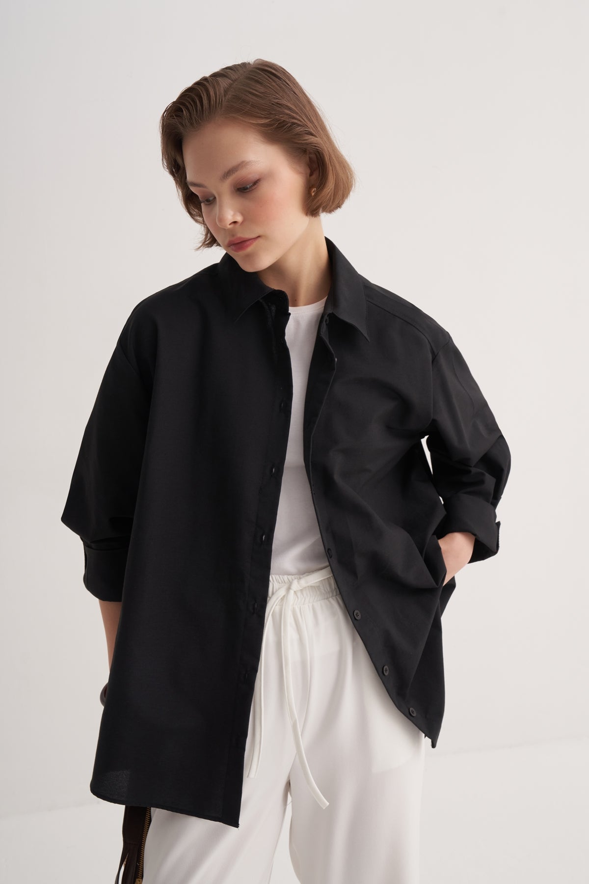 Kadın Poplin Oversize Robalı Gömlek Siyah