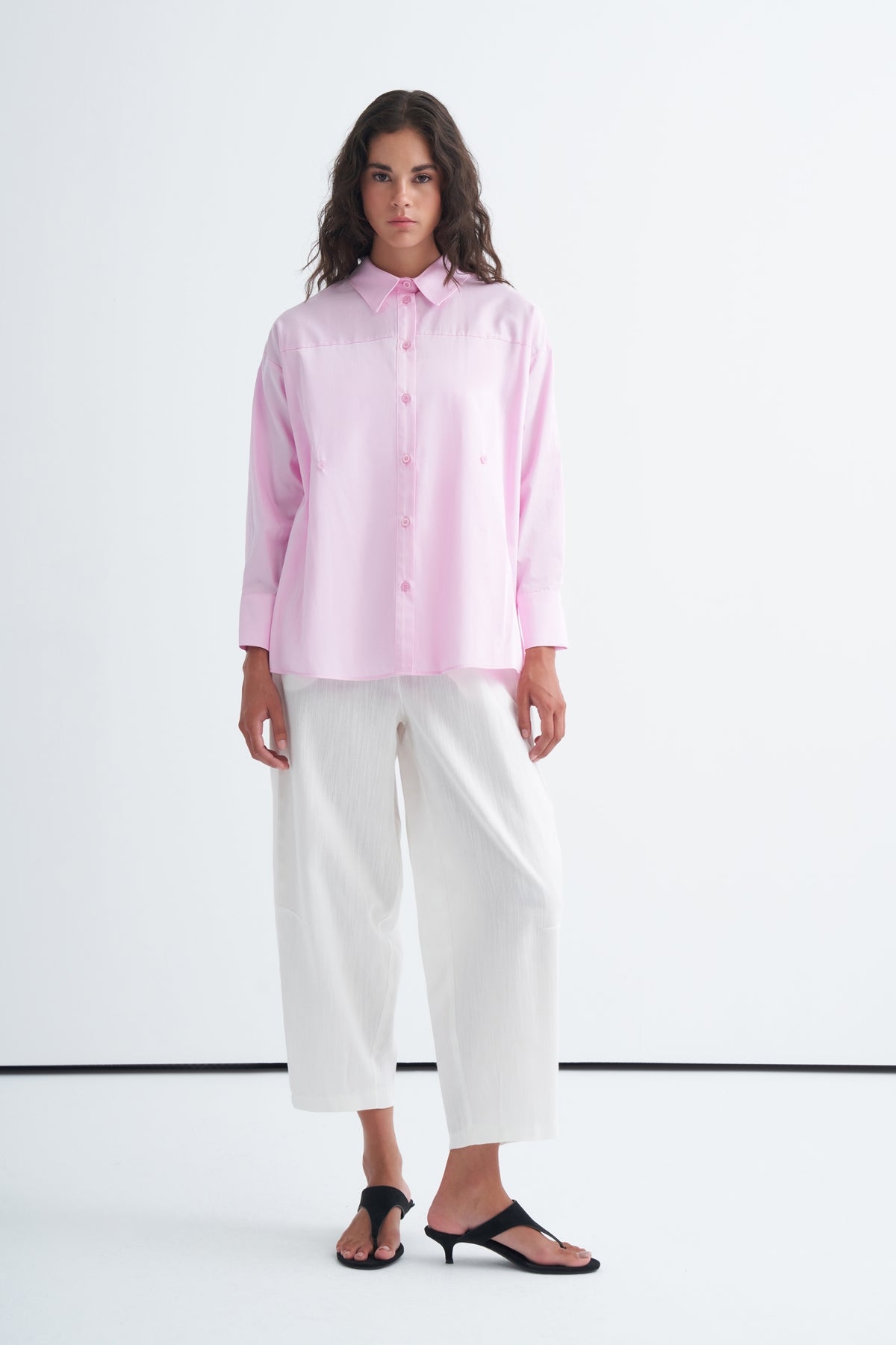 Kadın Premium Poplin Seyyar Bel Kemerli Gömlek Açık Pembe