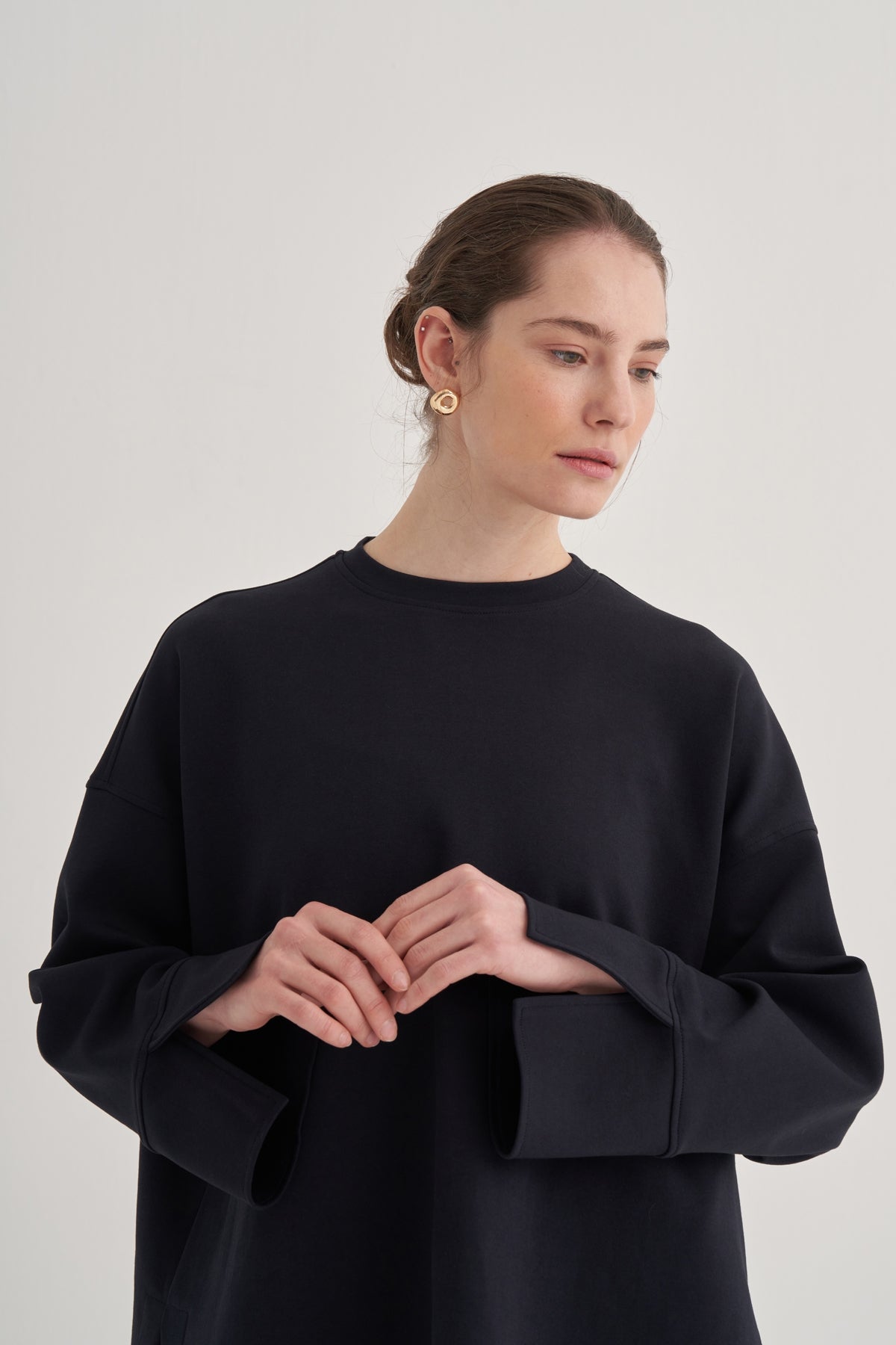 Kadın İnterlok Kol Detaylı Bluz Lacivert