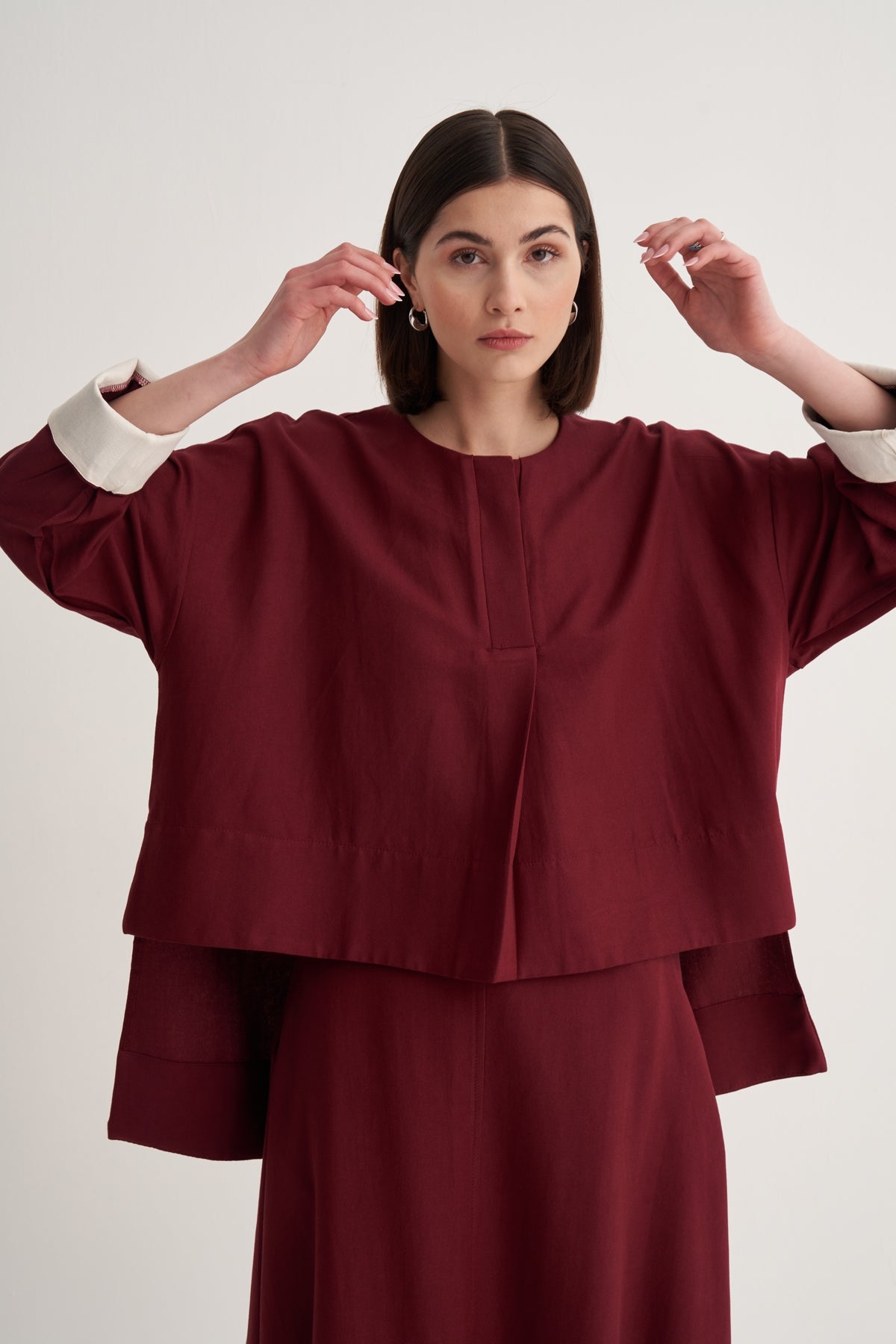 Kadın Dökümlü Pamuklu Önü Pileli Bluz Bordo