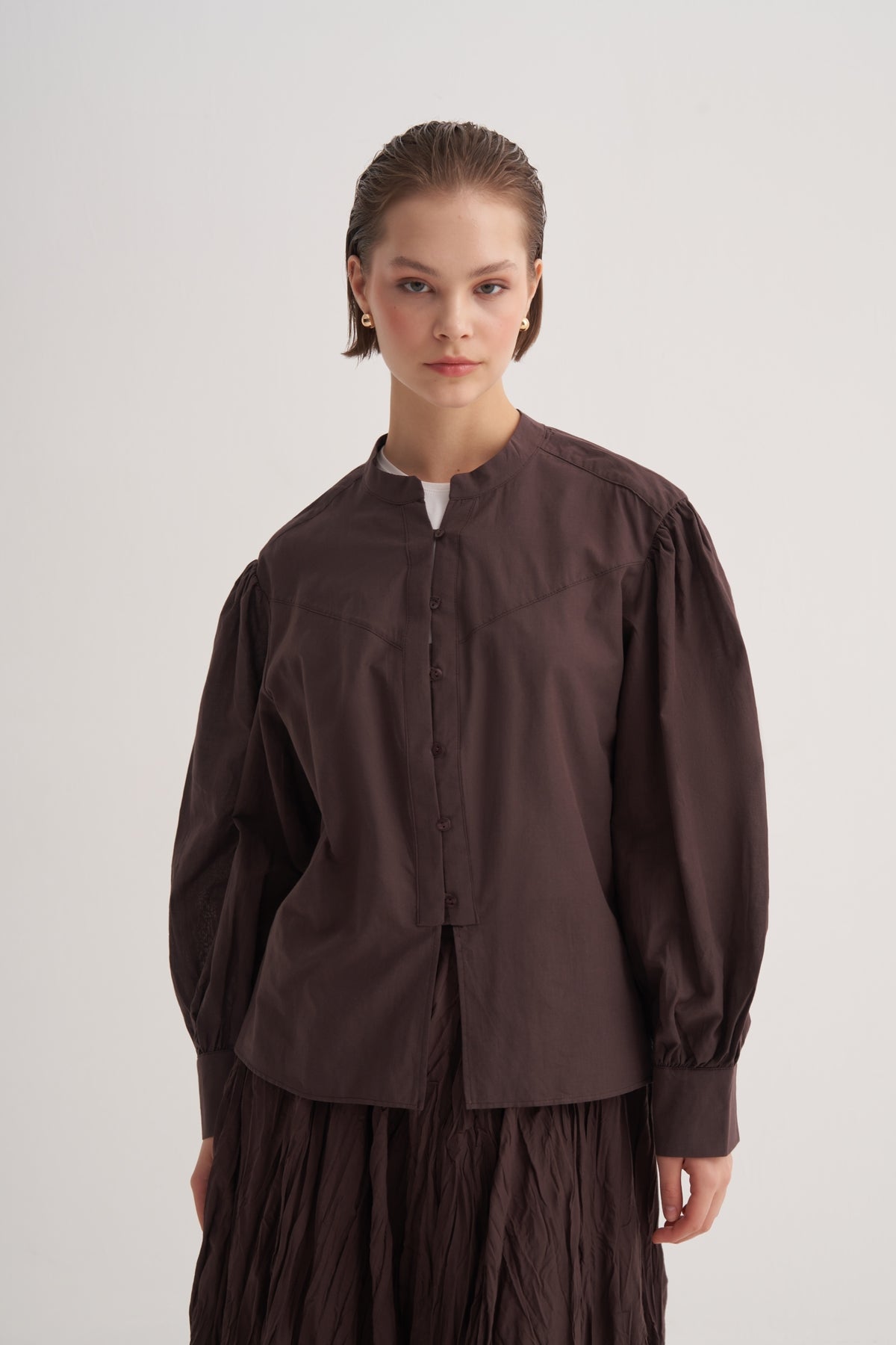 Kadın Pamuk Vual Bluz Kahve