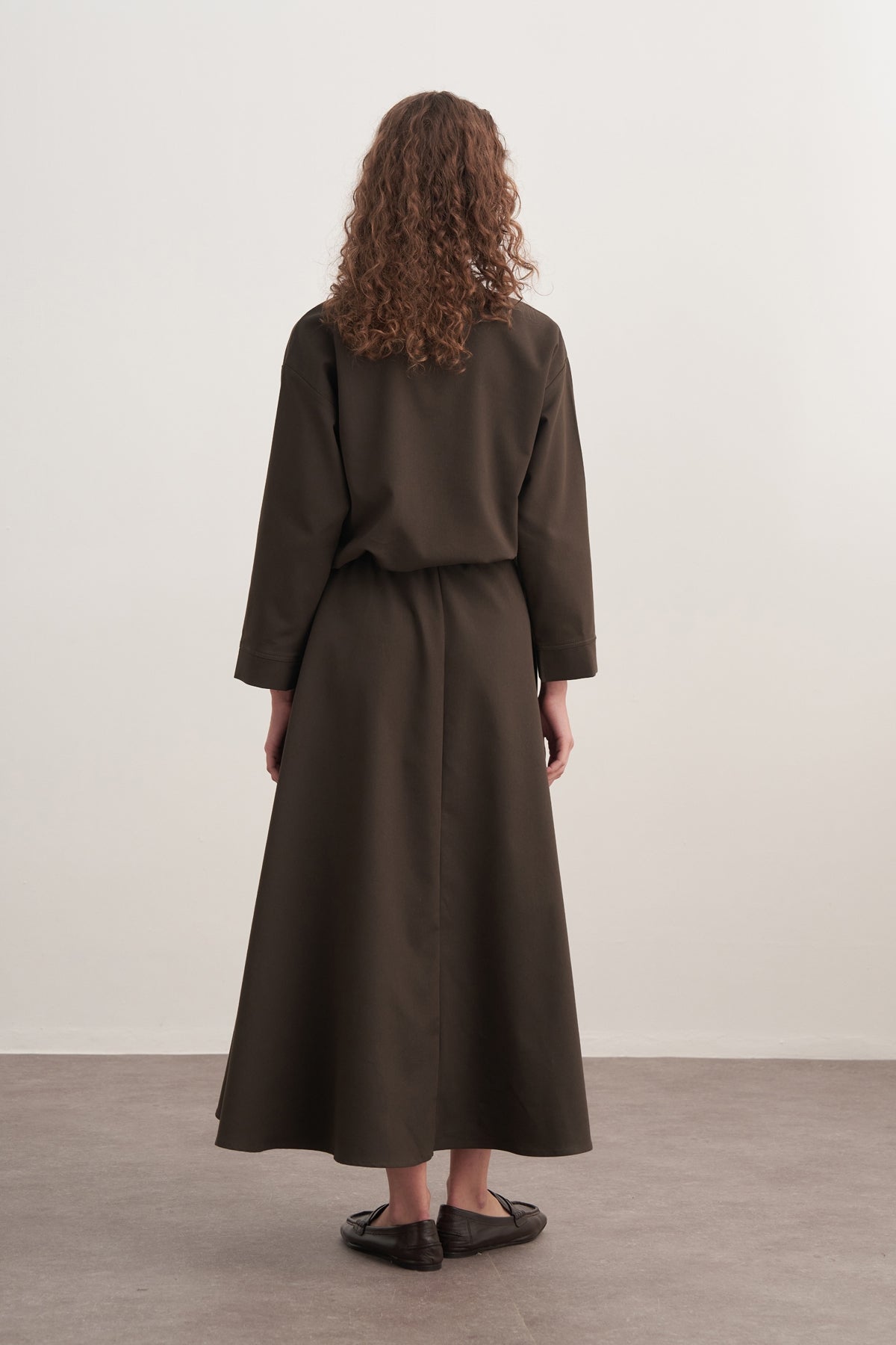 Kadın Gabardin Gömlekli Kloş Etek Takım Koyu Haki