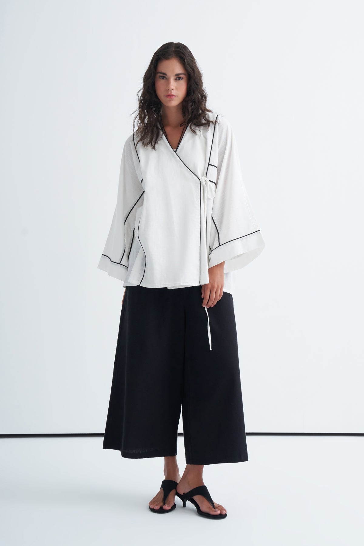 Kadın Kontrast Kimono Pantolon Takım Ekru