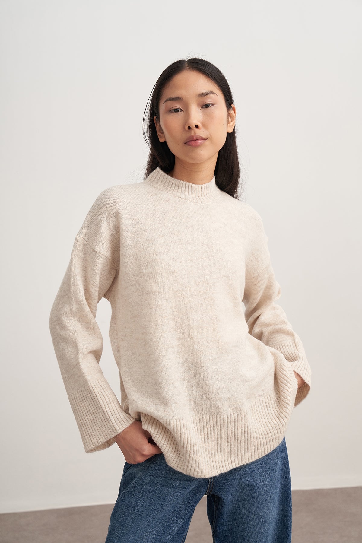 Kadın Basic Triko Kazak Bej