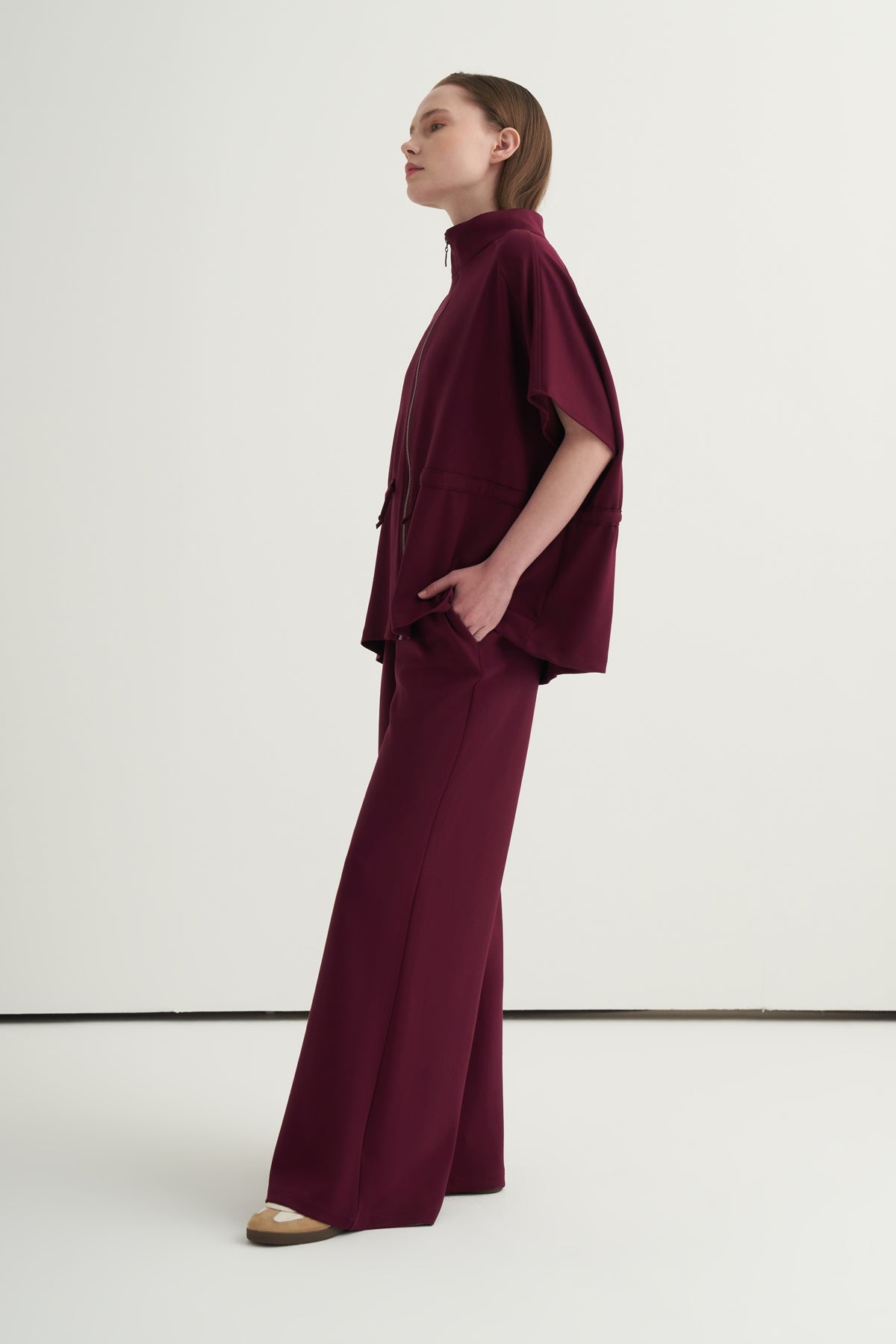 Kadın Oversize Yelek Bol Paça Pantolon Takım Bordo