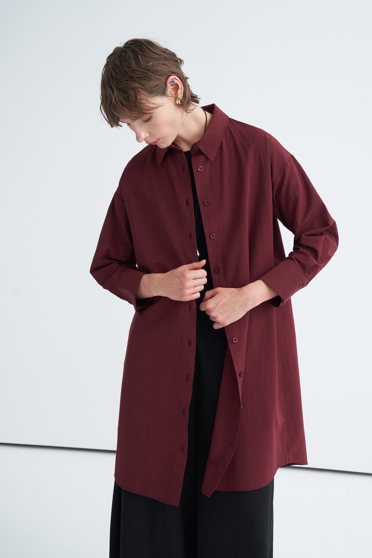 Kadın Poplin Basic Uzun Gömlek Bordo