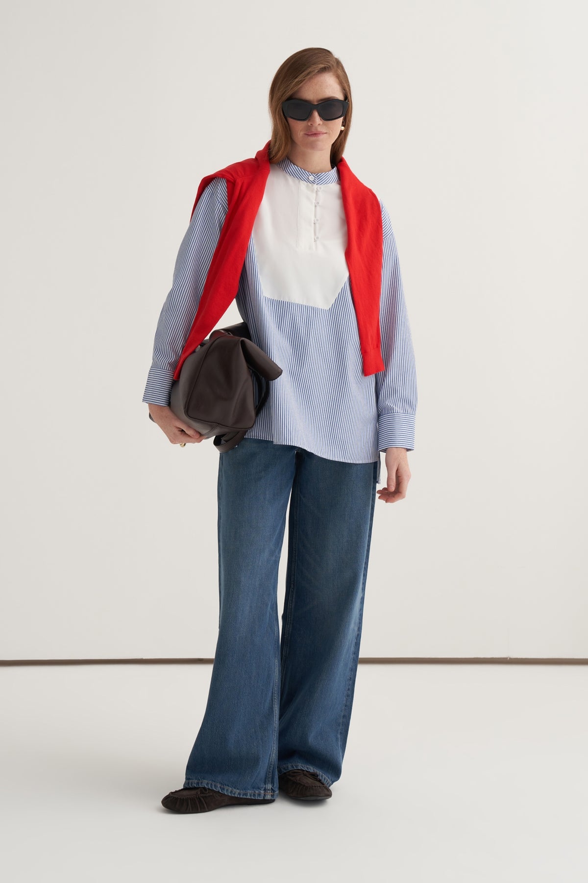 Kadın Hakim Yaka Garnili Gömlek Koyu Mavi Çizgili