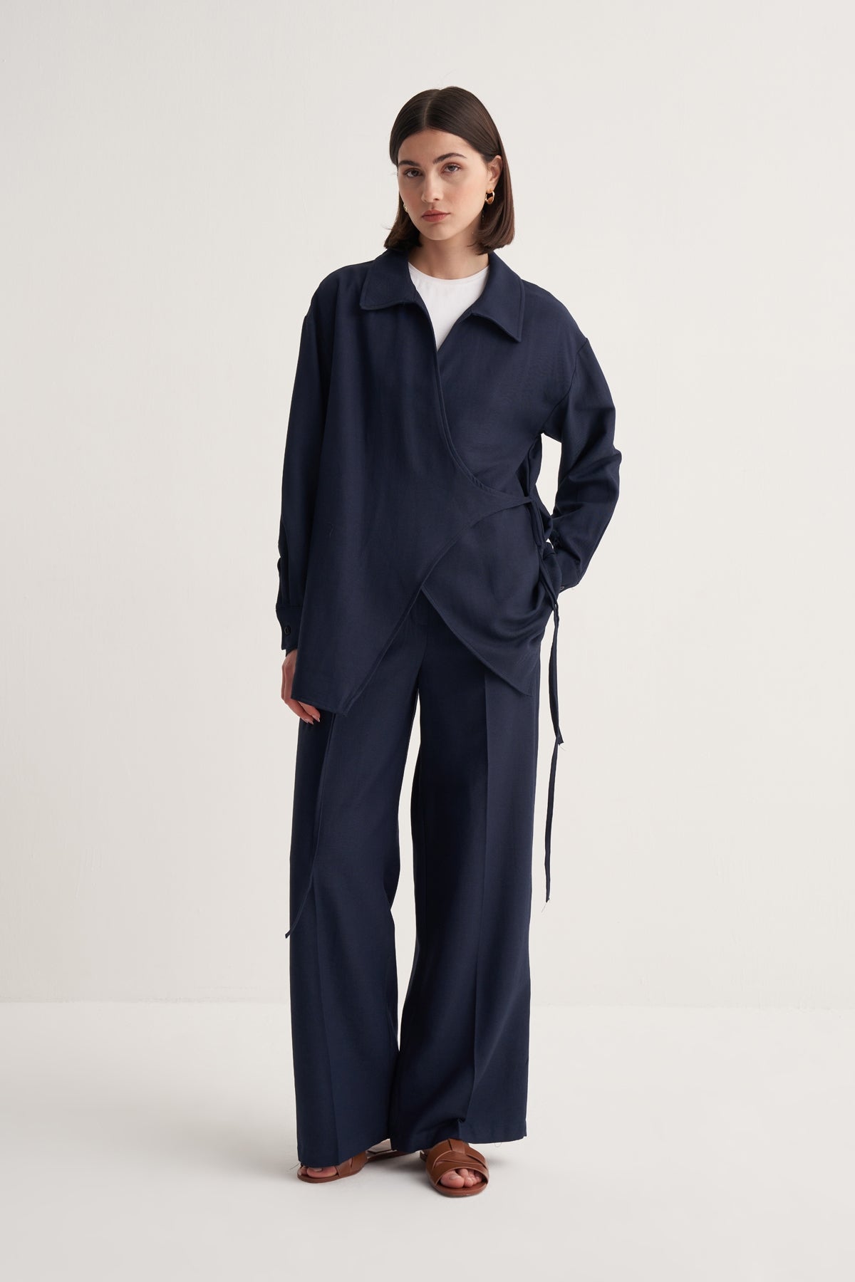 Kadın Dökümlü Pamuklu Yakalı Kimono Lacivert