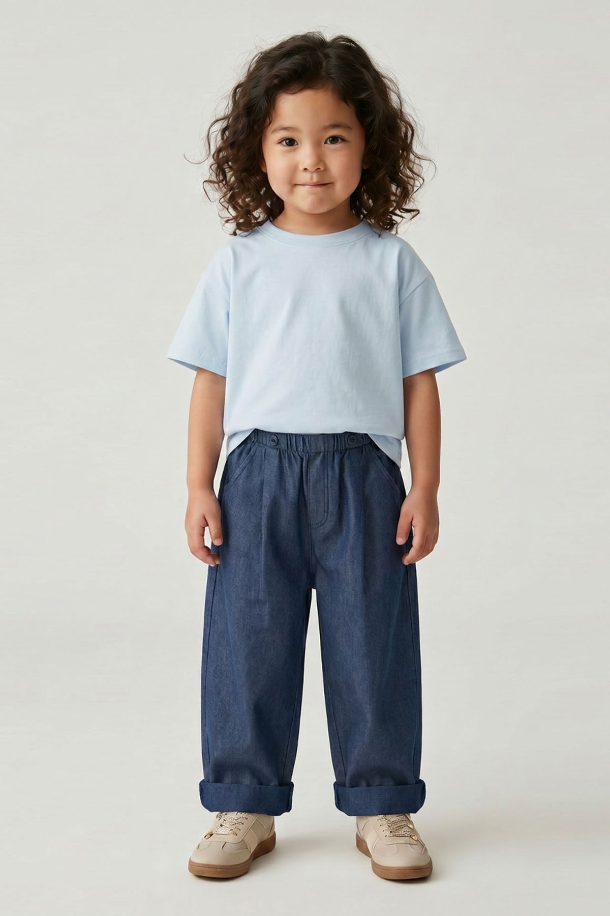 Unisex Çocuk Pileli Pantolon Tişört Takım Mavi/Kot