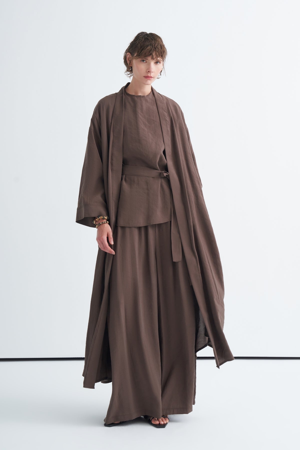 Modal 3'lü Pantolon Bluzlu Abaya Takım Kahve