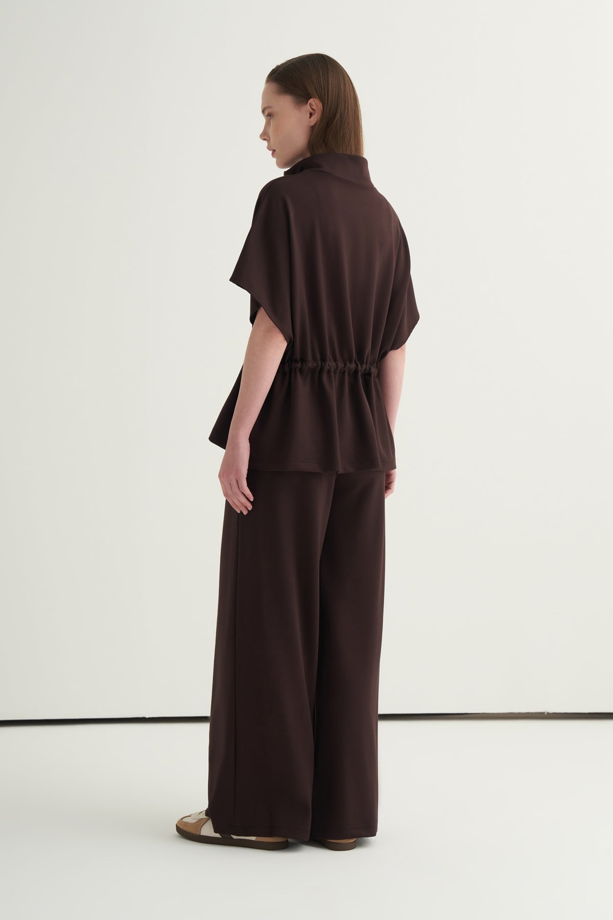Kadın Oversize Yelek Bol Paça Pantolon Takım Kahve