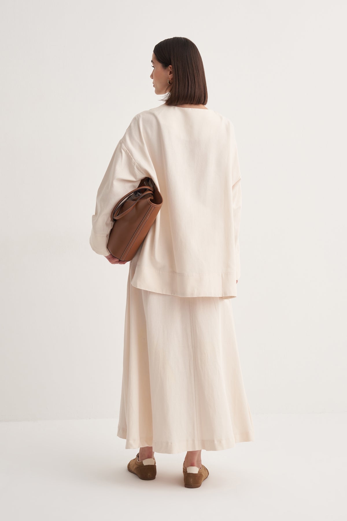 Kadın Dökümlü Pamuklu Pileli Bluz Etek Takım Kemik