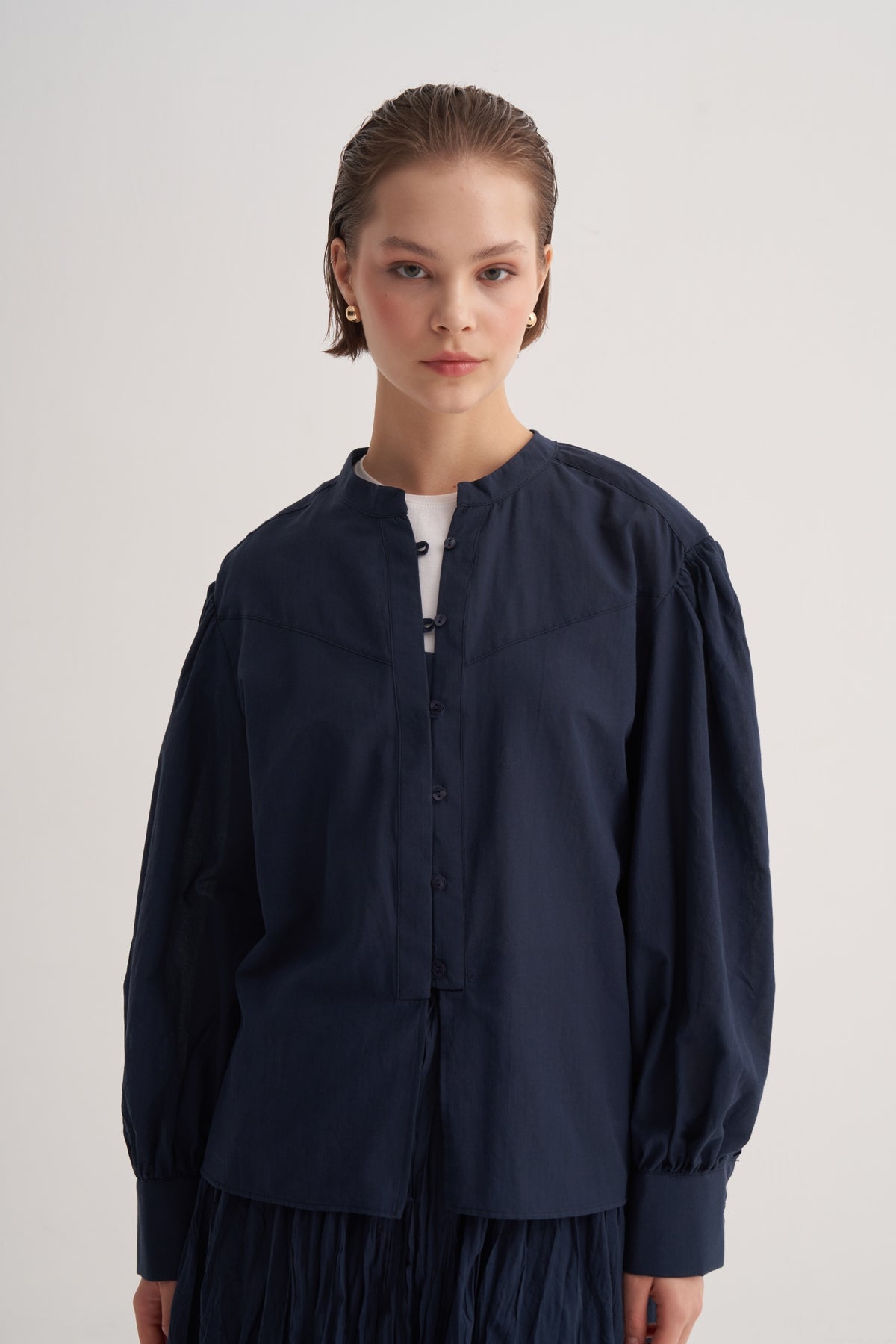 Kadın Pamuk Vual Bluz Lacivert