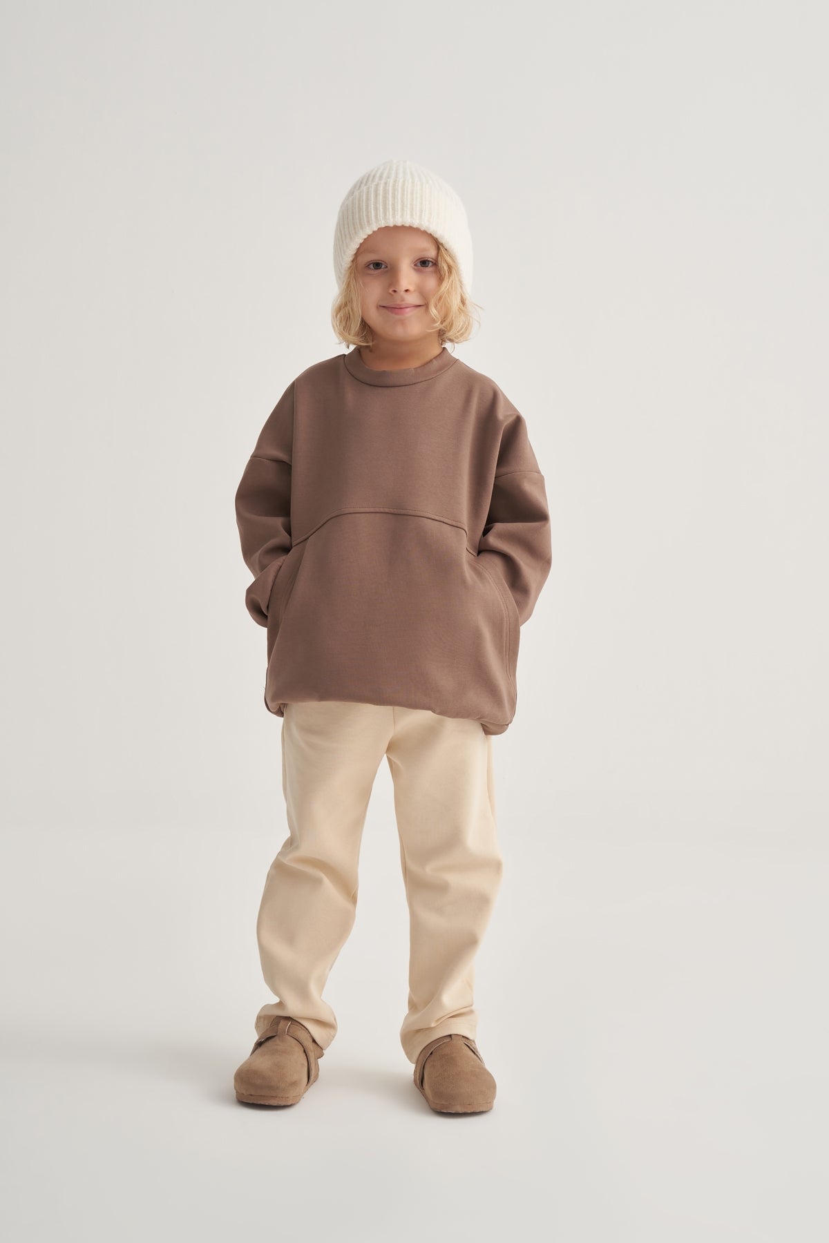 Unisex Çocuk İnterlok Cepli Sweatshirt Kahve