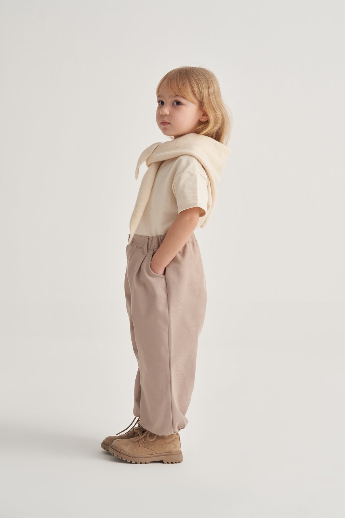 Unisex Çocuk Gabardin Paça Detaylı Pantolon Bej