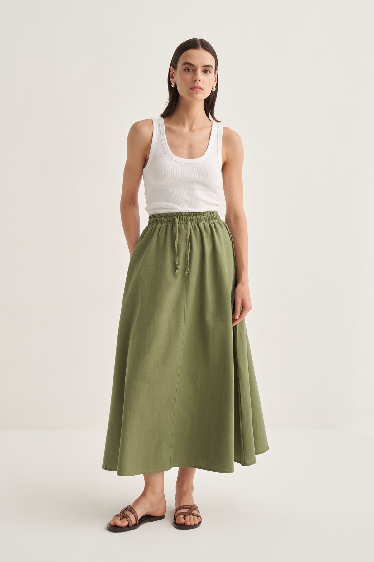 Kadın Organik Pamuk Bağcıklı Bluz Etek Takım Haki