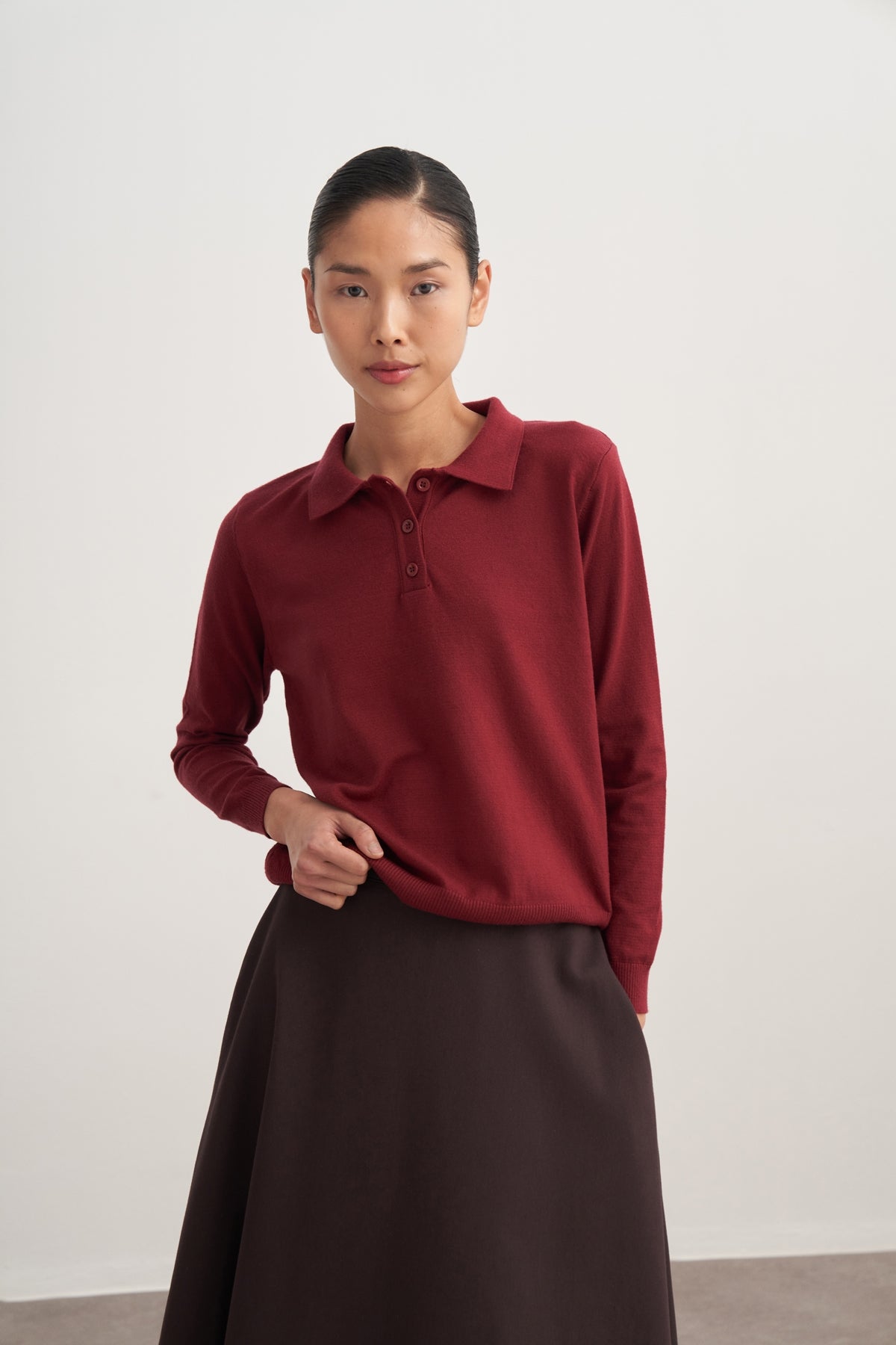 Kadın Polo Yaka Viskon Triko Kazak Bordo