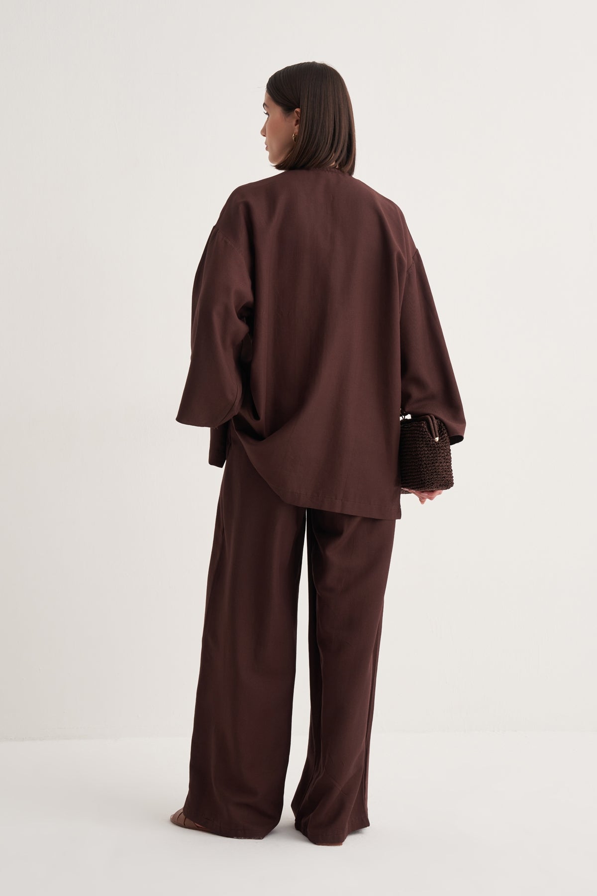 Kadın Dökümlü Pamuklu Kimono Gömlek Acı Kahve