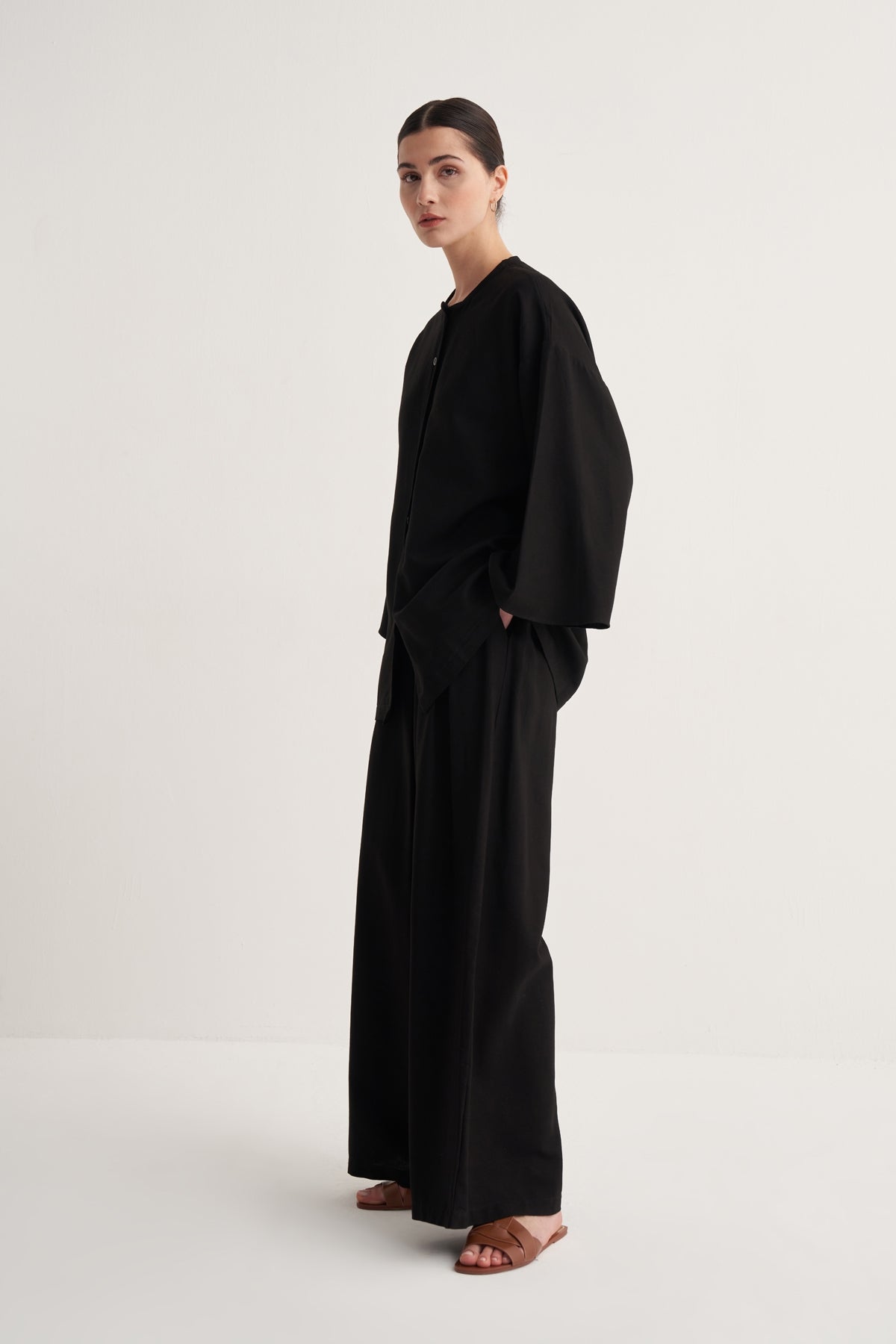 Kadın Dökümlü Pamuklu Kimono Gömlek Siyah