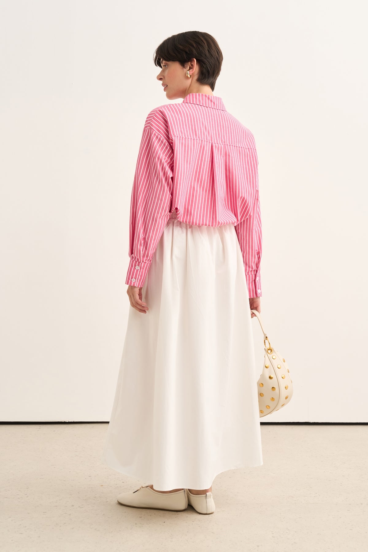 Kadın Poplin Oversize Kısa Gömlek Koyu Pembe Çizgili