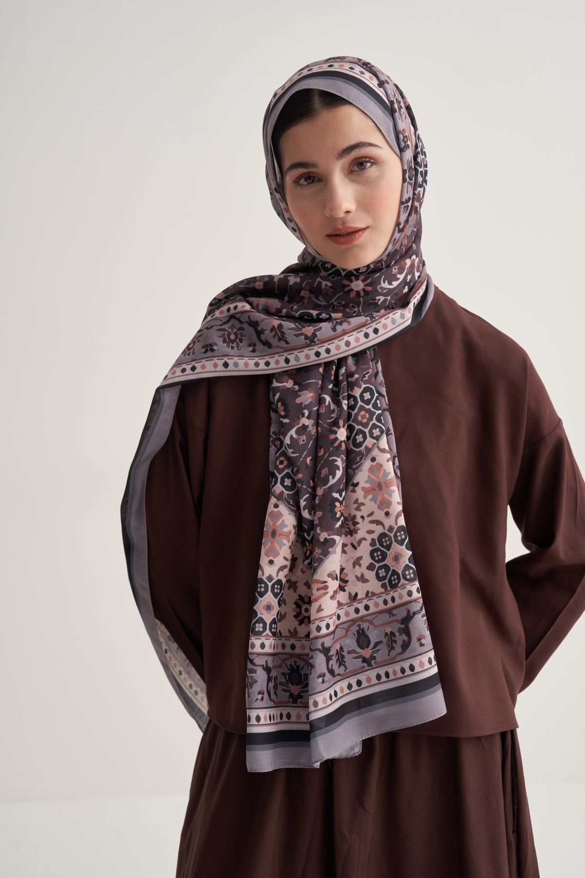 Kadın Soft Daisy Desen Şal Küllü Kahve