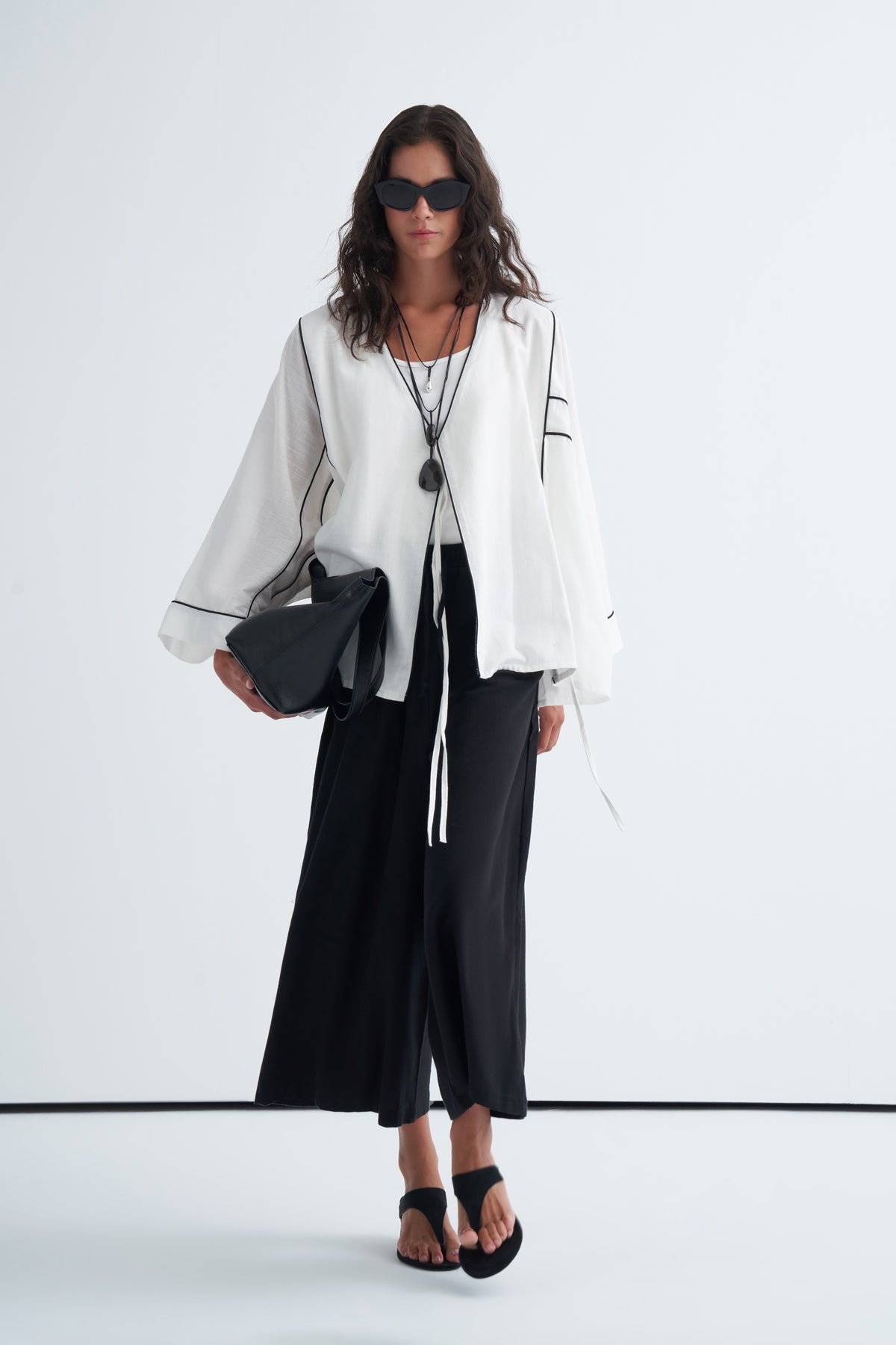 Kadın Kontrast Kimono Pantolon Takım Ekru