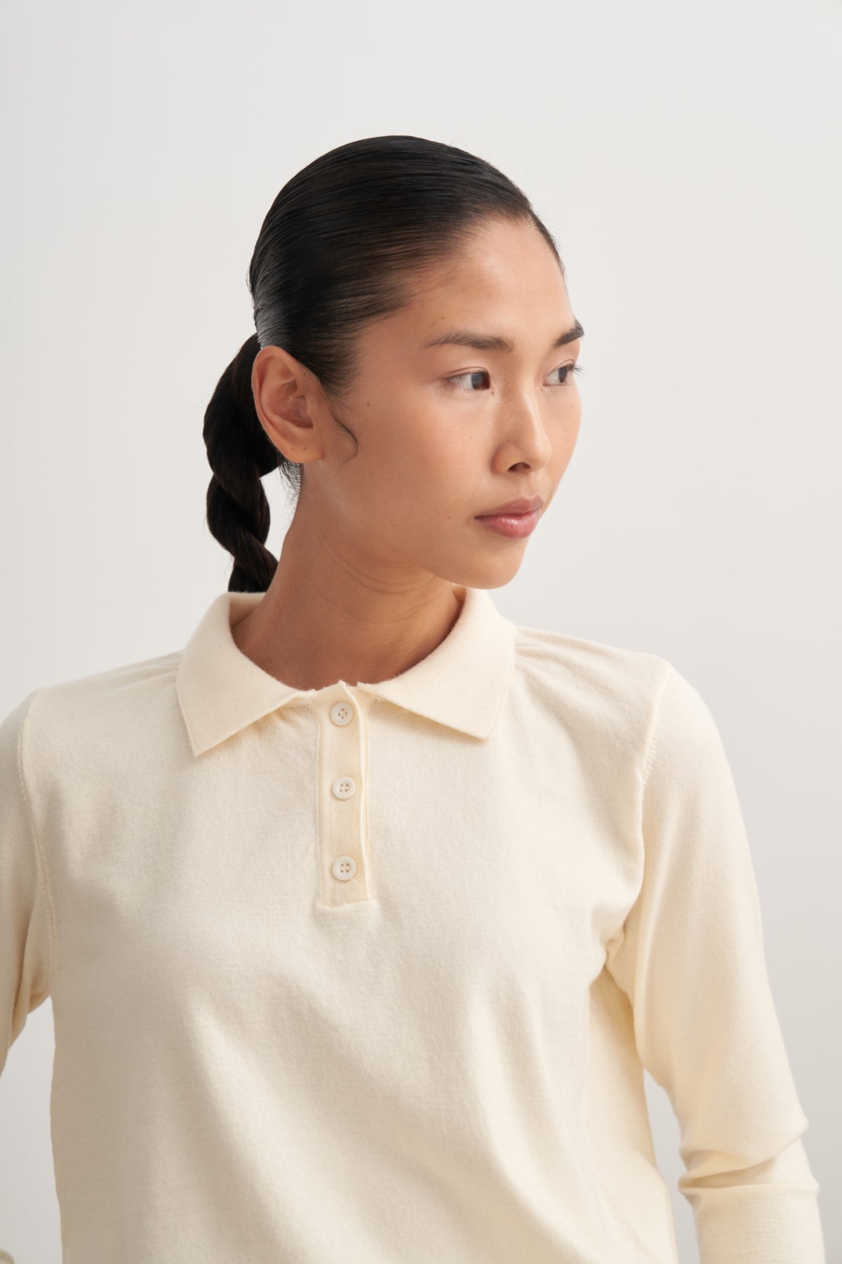 Kadın Polo Yaka Viskon Triko Kazak Krem