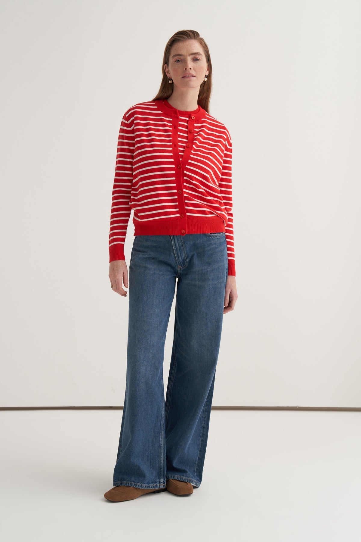 Kadın Viskon Triko Tişörtlü Hırka Takım Ekru Çizgili