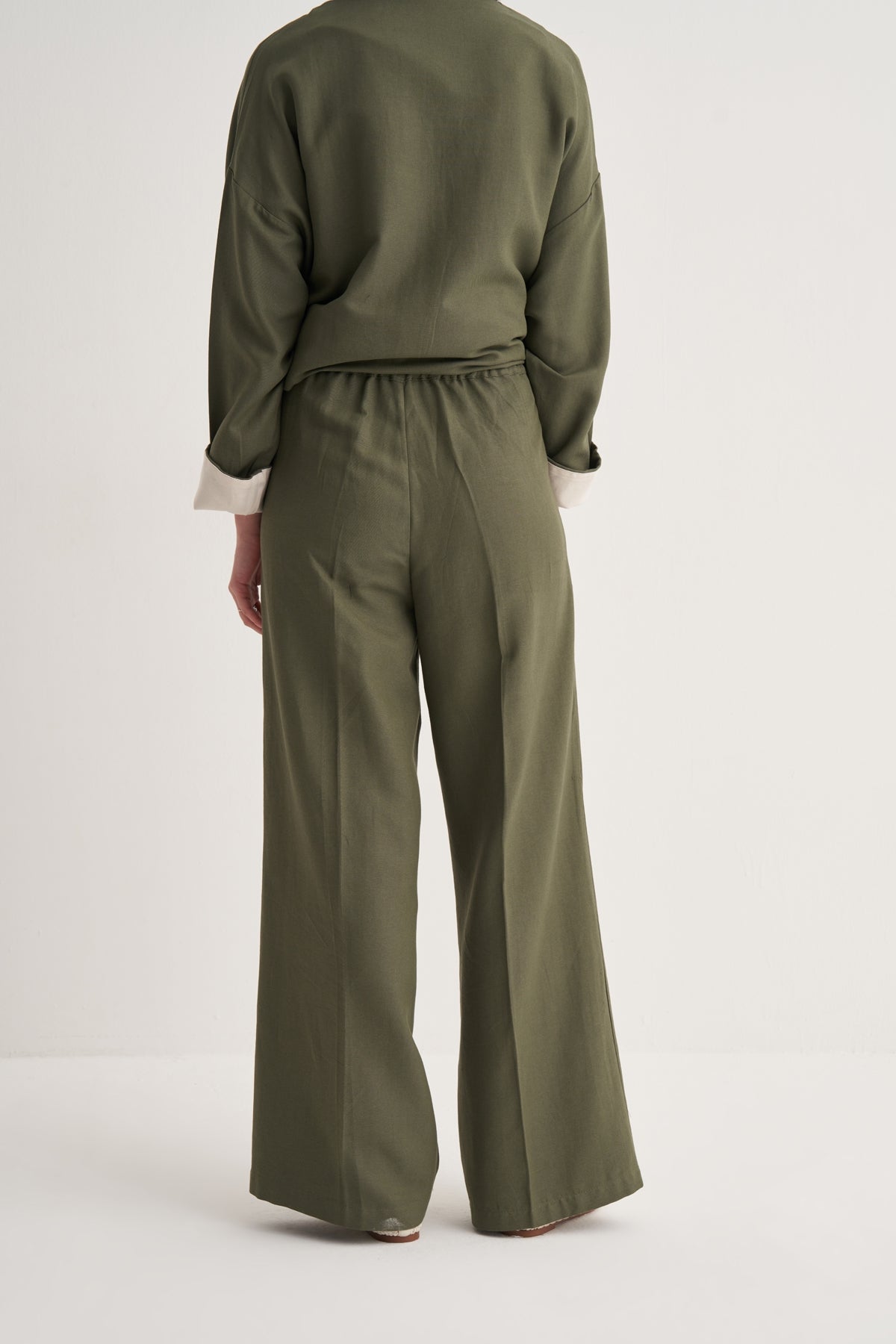 Kadın Dökümlü Pamuklu Palazzo Pantolon Haki