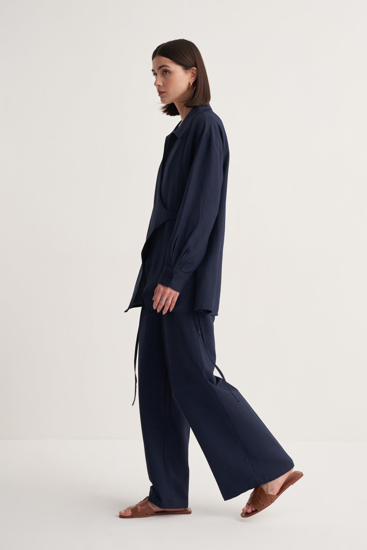 Kadın Dökümlü Pamuklu Yakalı Kimono Lacivert