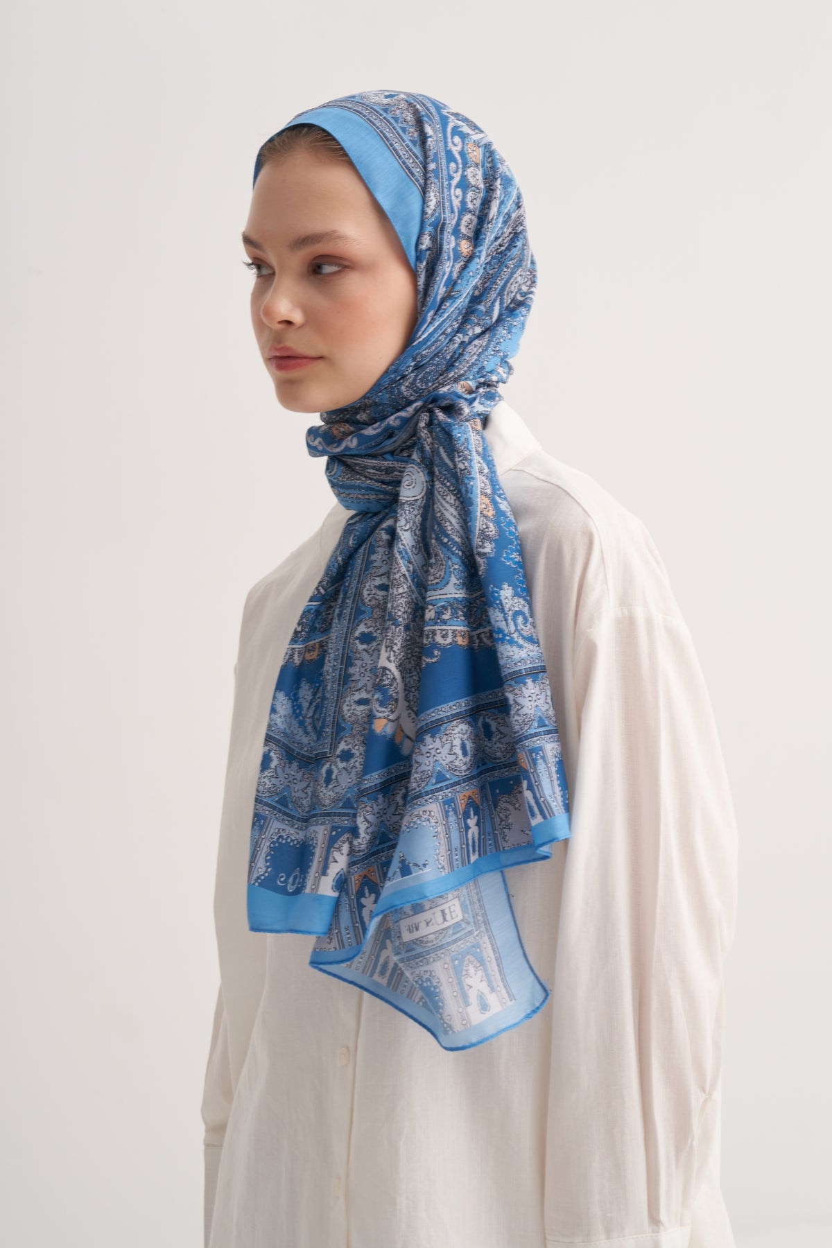 Kadın Mari Desen İpeksi Şal Mavi
