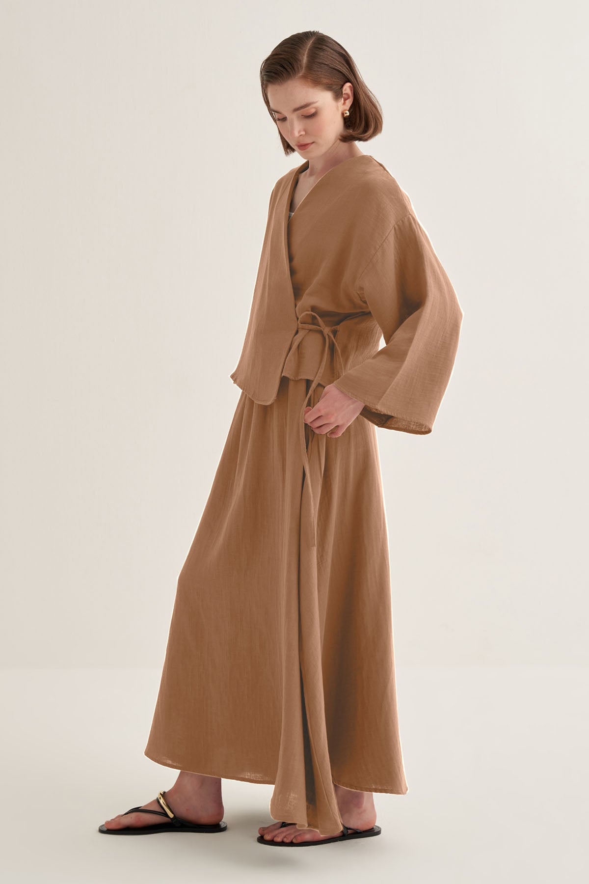 Kadın Müslin Kimono Etek Takım Vizon