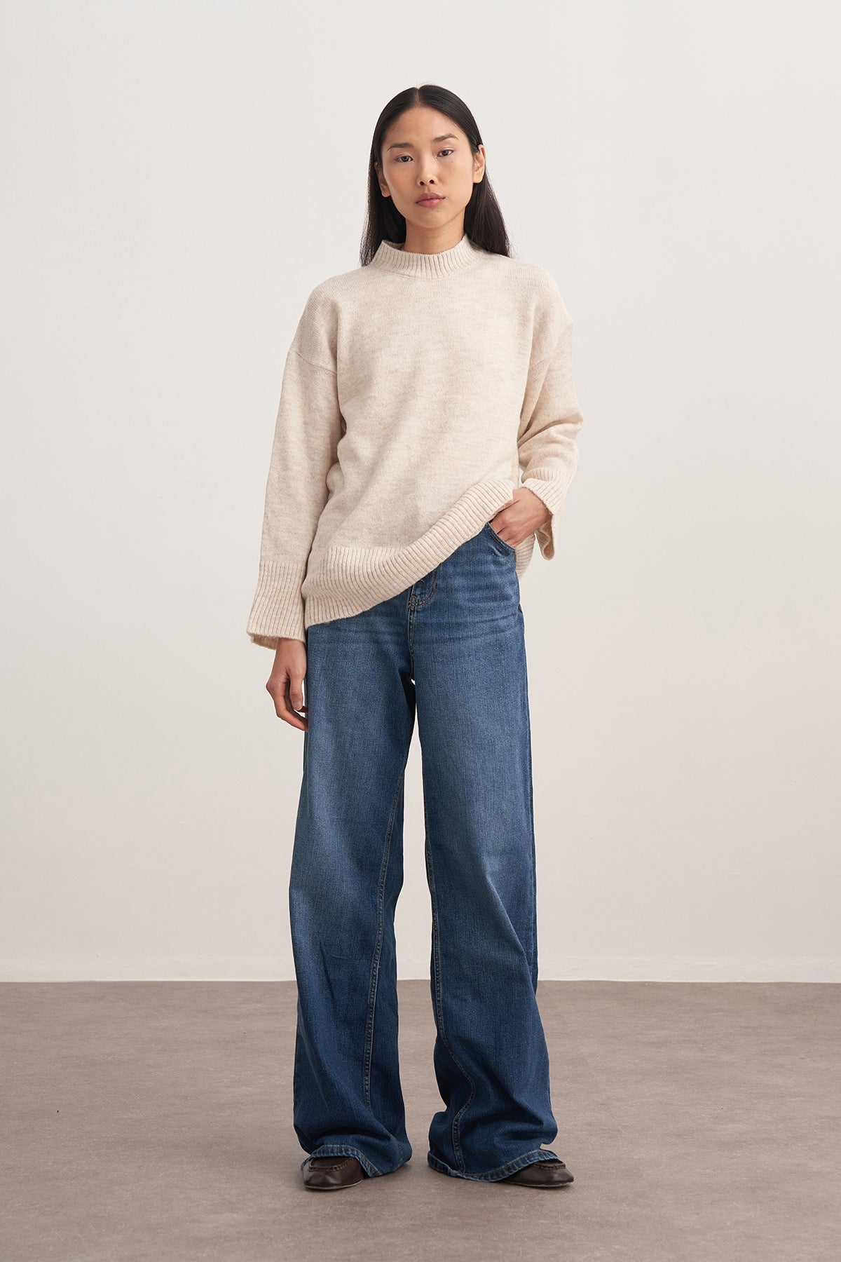 Kadın Basic Triko Kazak Bej