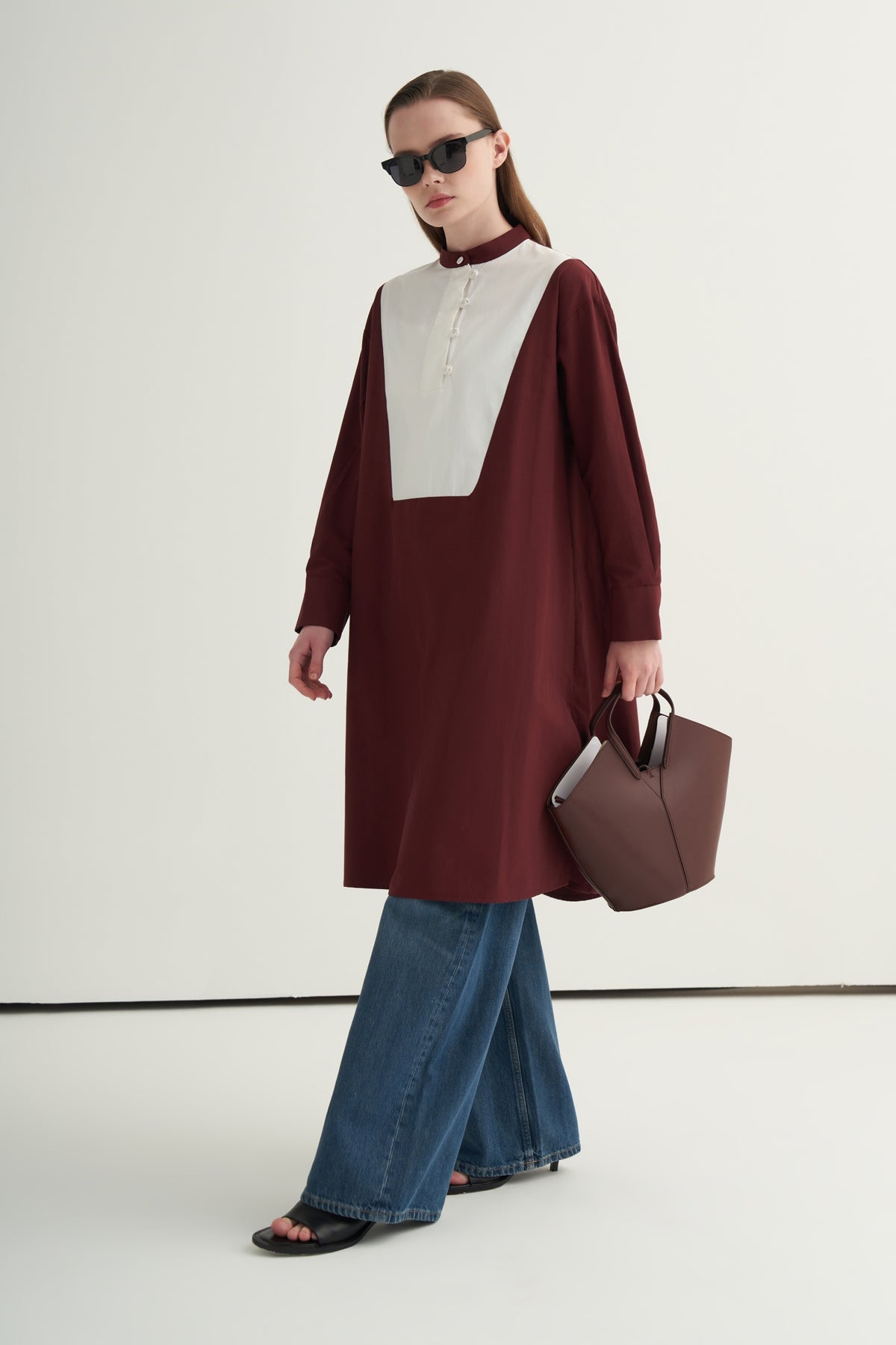 Kadın Hakim Yaka Kontrast Tunik Bordo