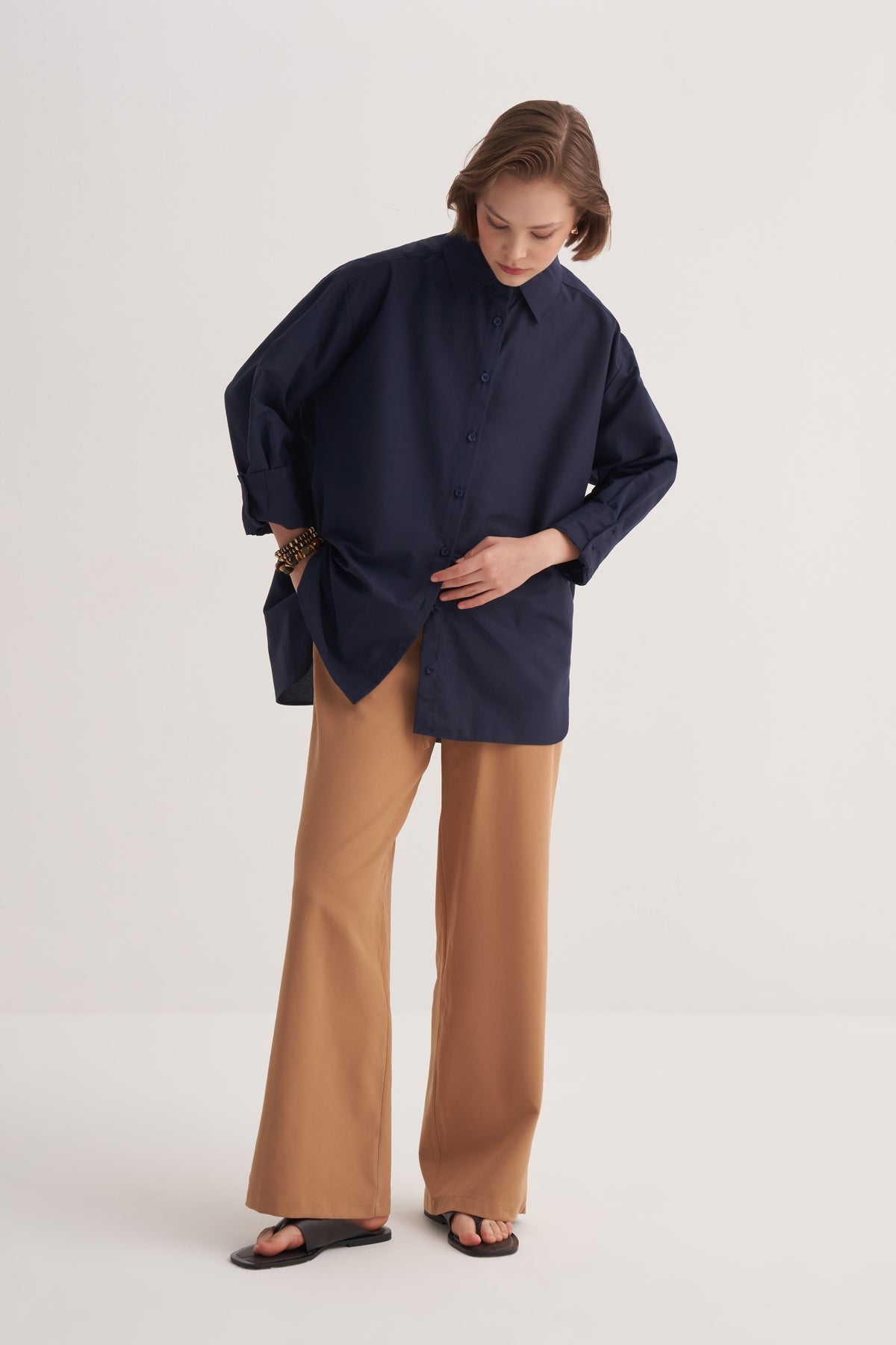 Kadın Poplin Oversize Robalı Gömlek Lacivert
