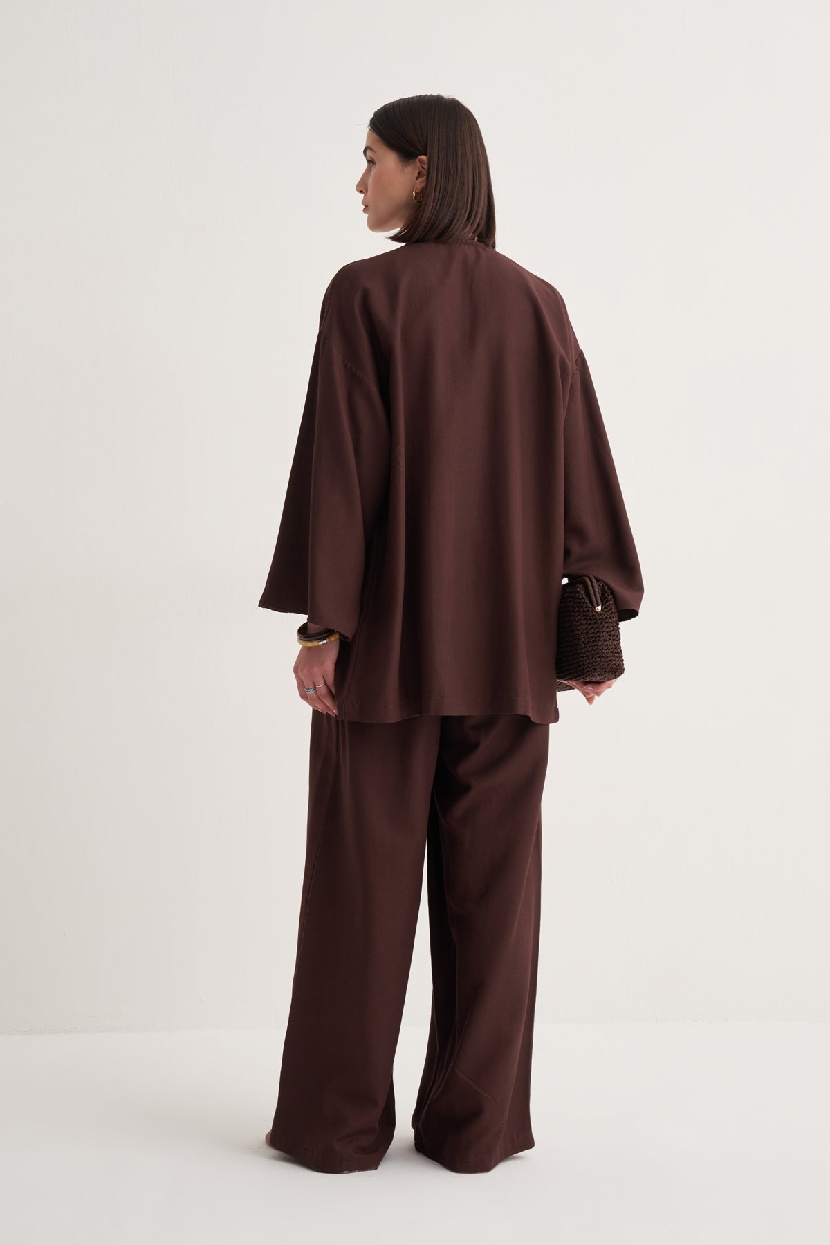 Kadın Dökümlü Pamuklu Kimono Gömlek Acı Kahve