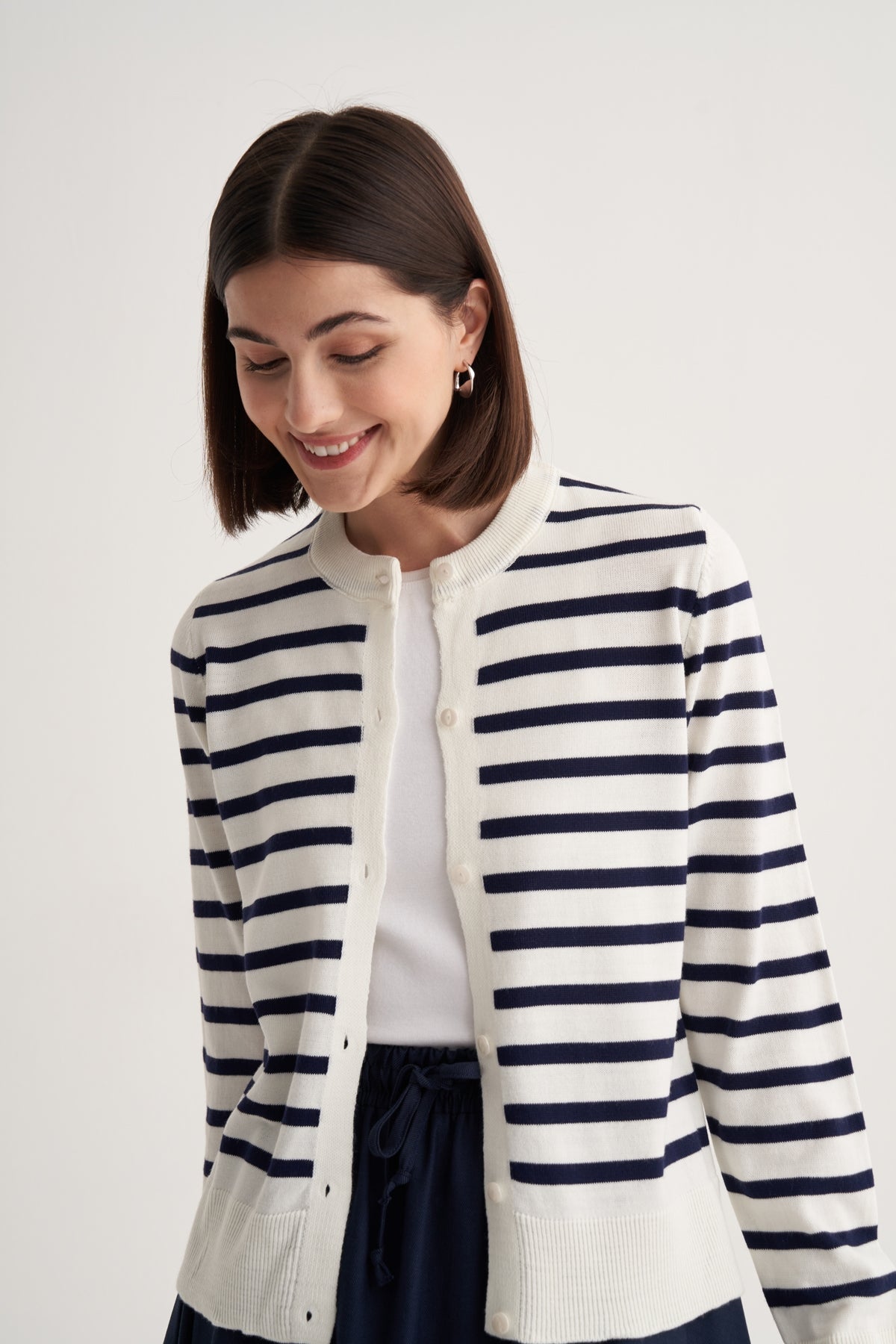 Kadın İnce Triko Çizgili Hırka Lacivert