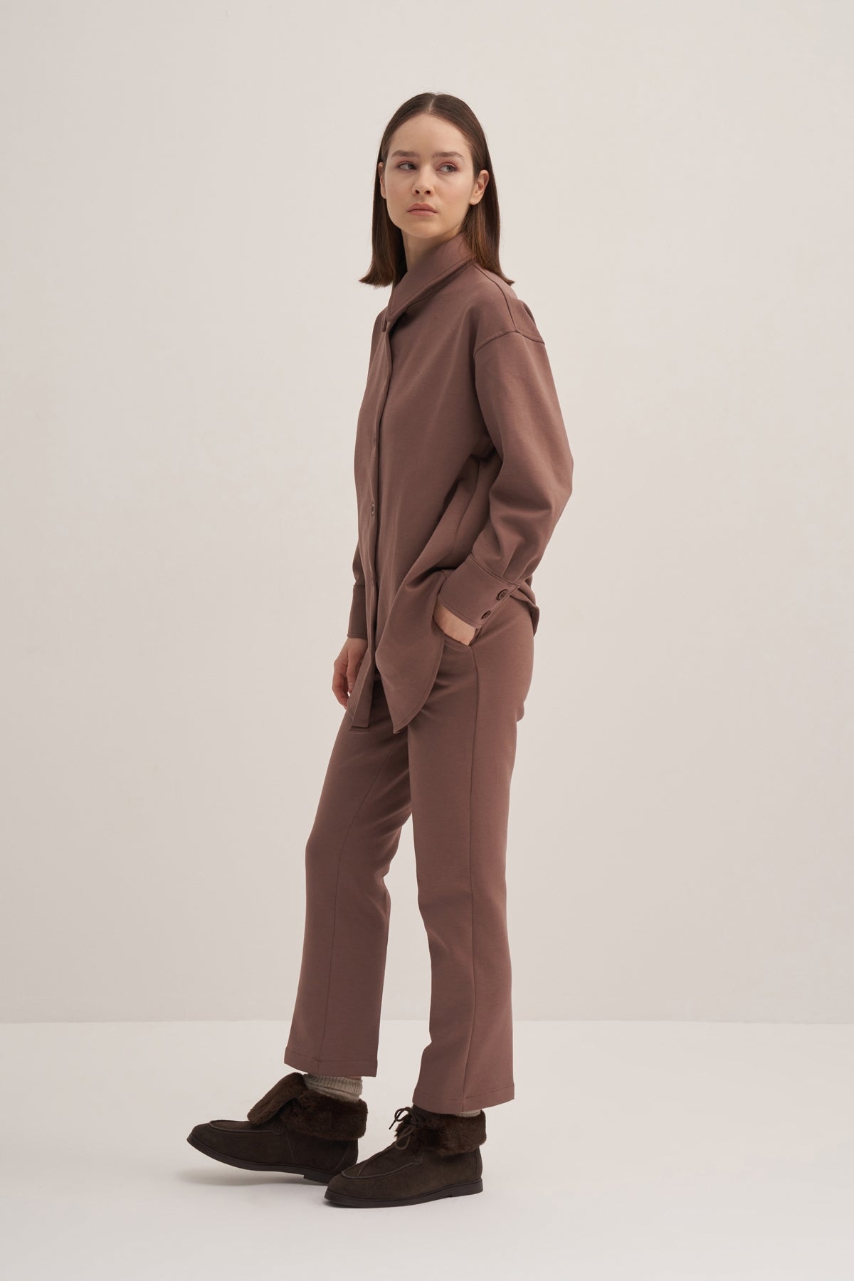 Kadın İnterlok Basic Gömlek Kahve