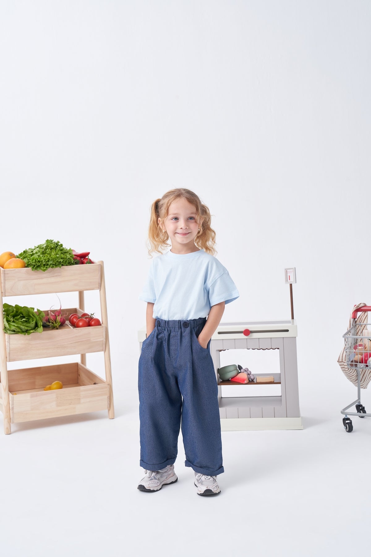 Unisex Çocuk Pileli Pantolon Tişört Takım Mavi/Kot