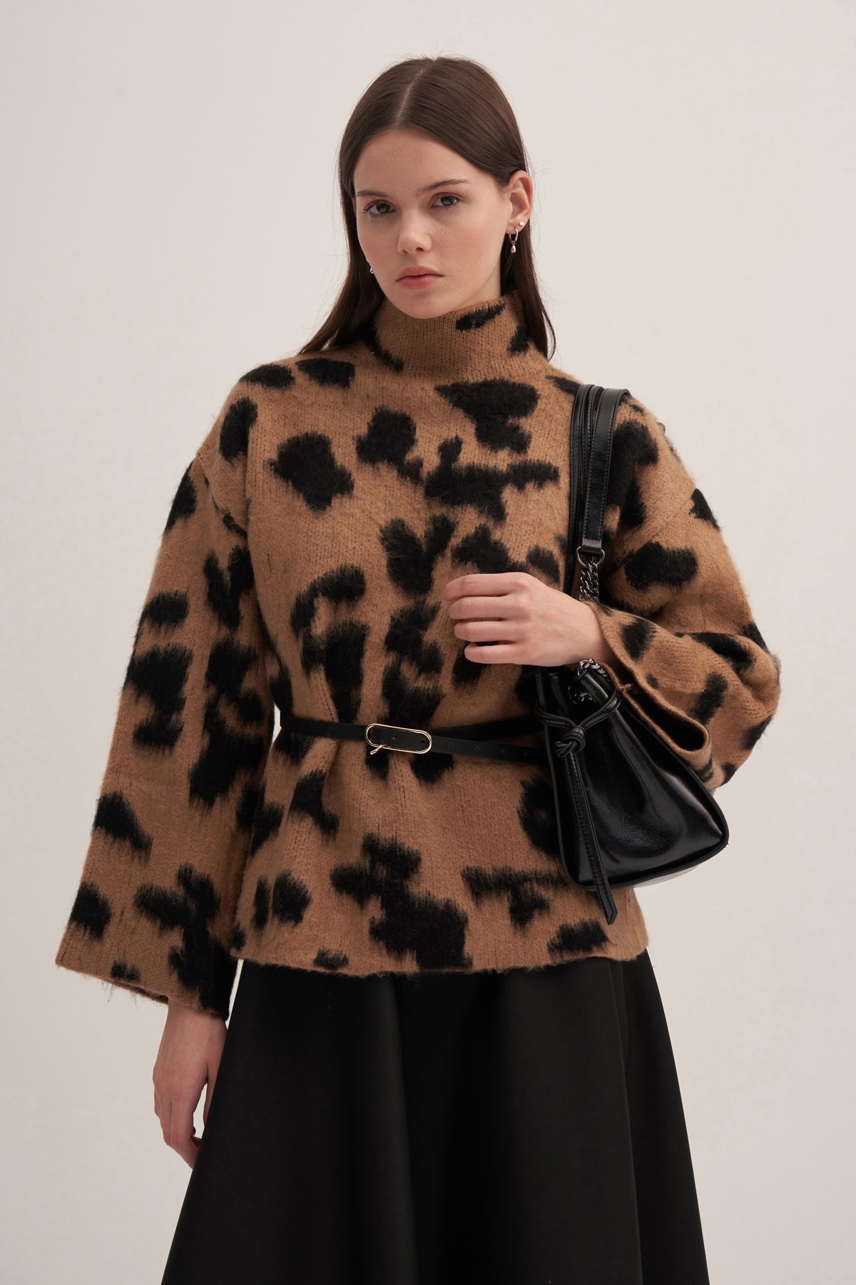Kadın Leopar Desenli Triko Kazak Camel