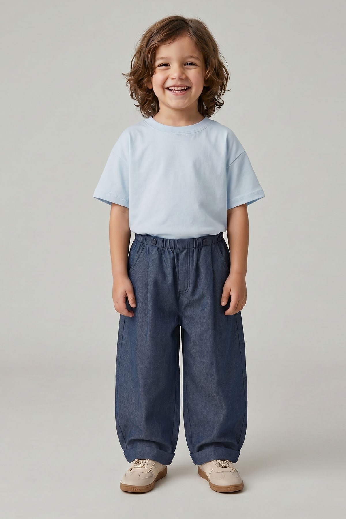 Unisex Çocuk Pileli Pantolon Tişört Takım Mavi/Kot
