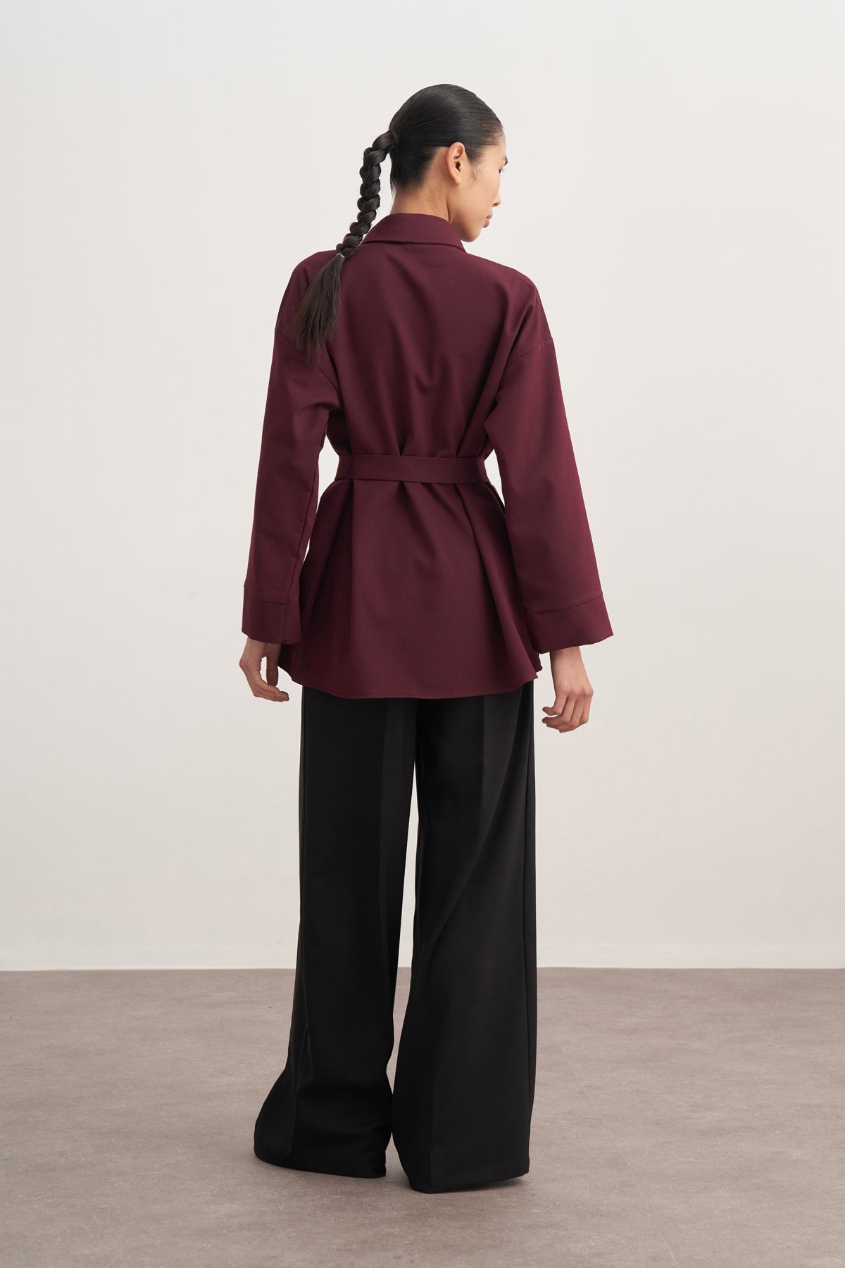 Kadın Gabardin Kemerli Gömlek Mürdüm