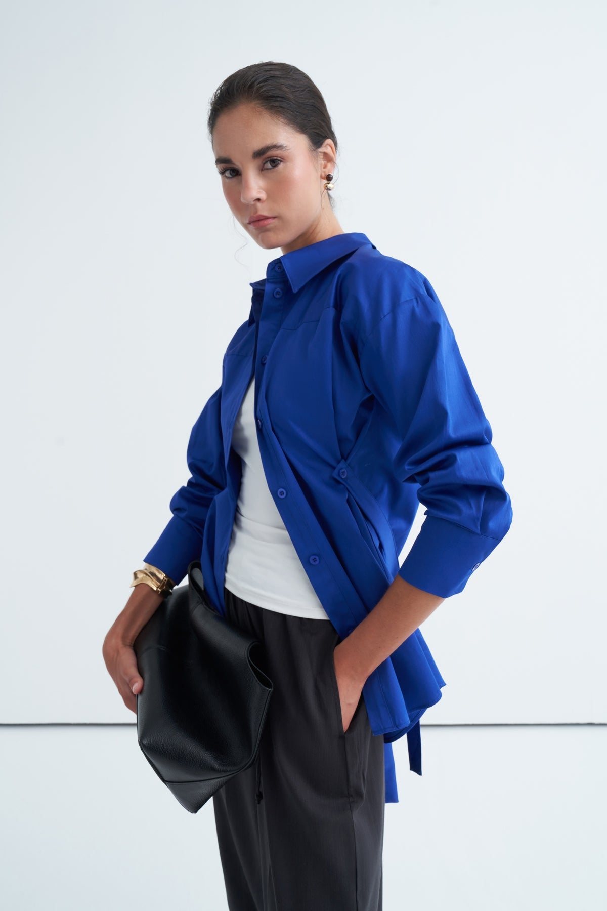 Kadın Premium Poplin Seyyar Bel Kemerli Gömlek Saks