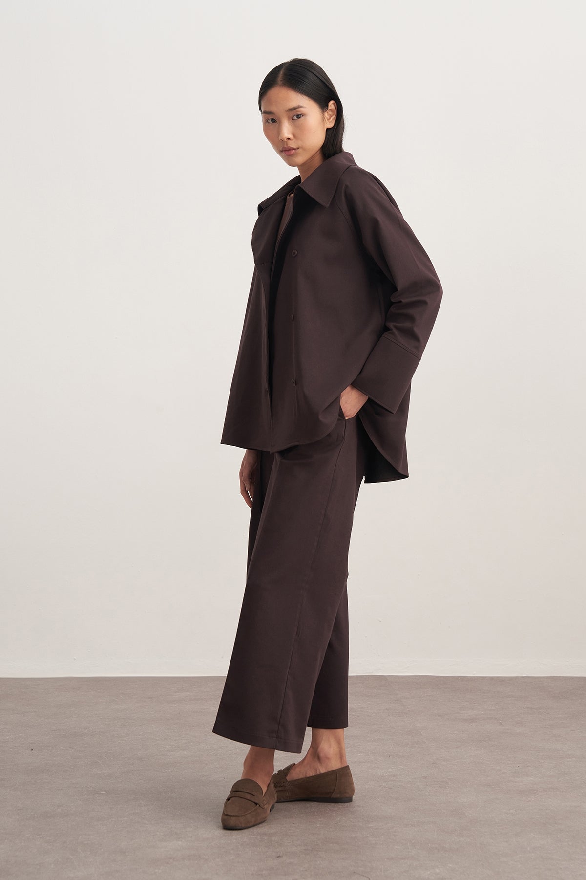 Kadın Gabardin Kruvaze Gömlek Kahve