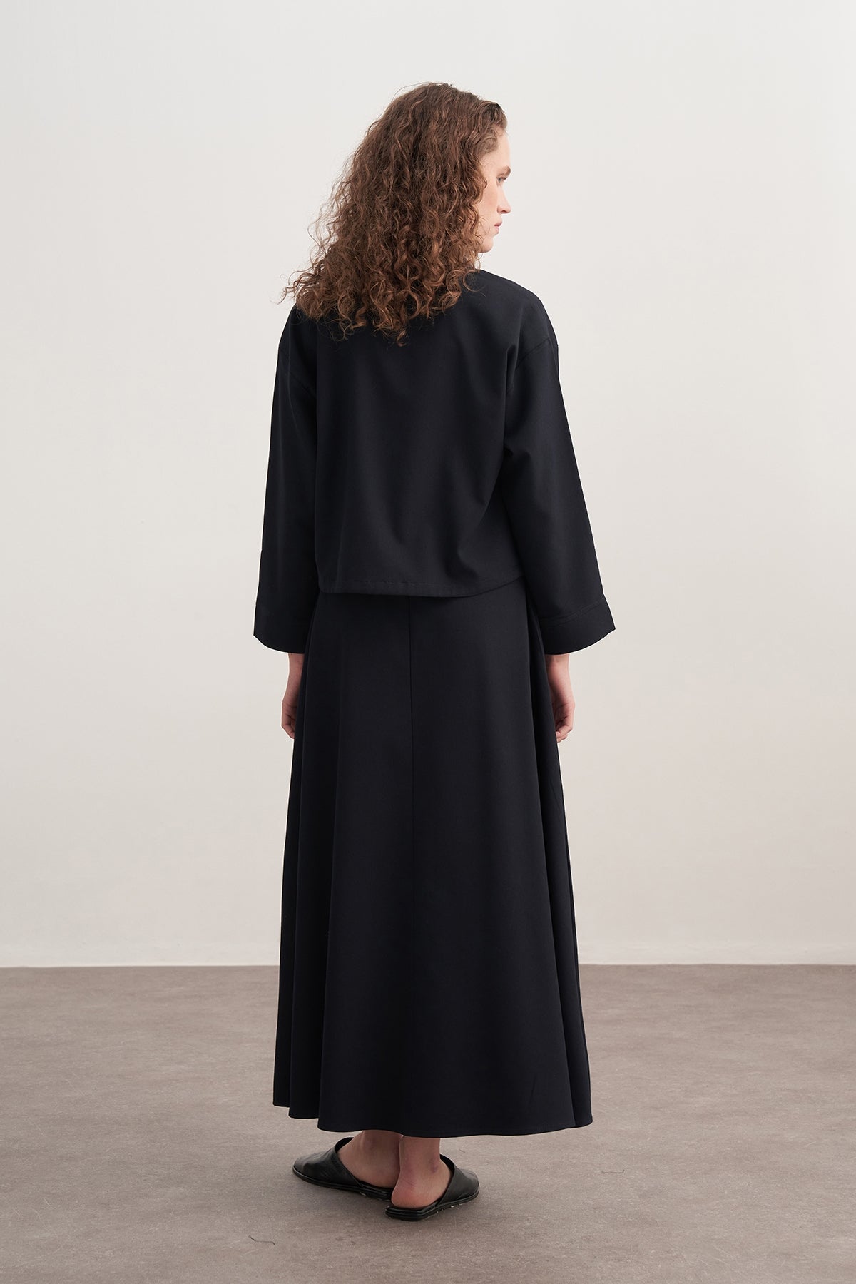 Kadın Gabardin Gömlekli Kloş Etek Takım Lacivert