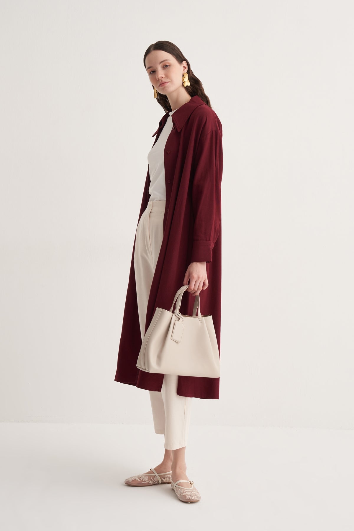 Kadın Dökümlü Pamuklu Oversize Uzun Gömlek Elbise Bordo