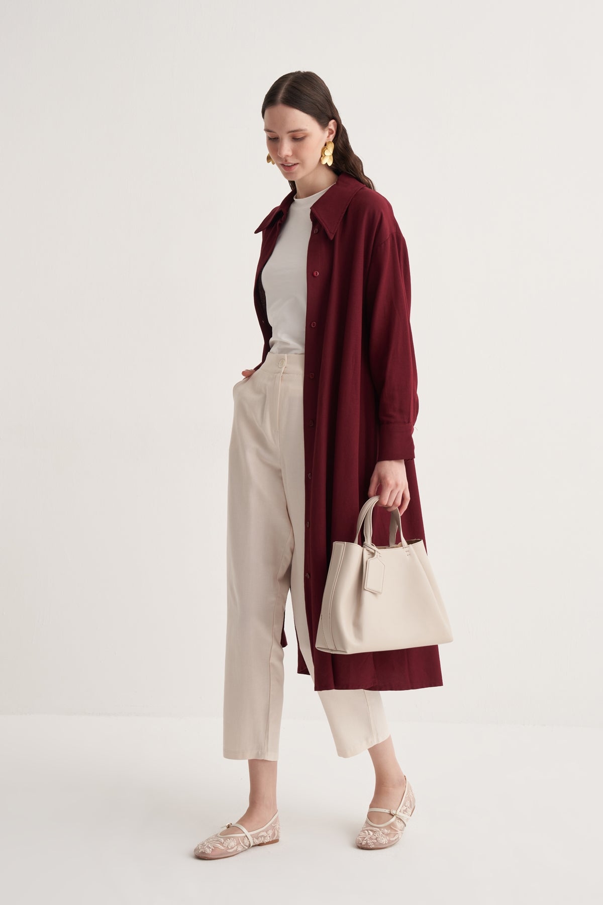 Kadın Dökümlü Pamuklu Oversize Uzun Gömlek Elbise Bordo