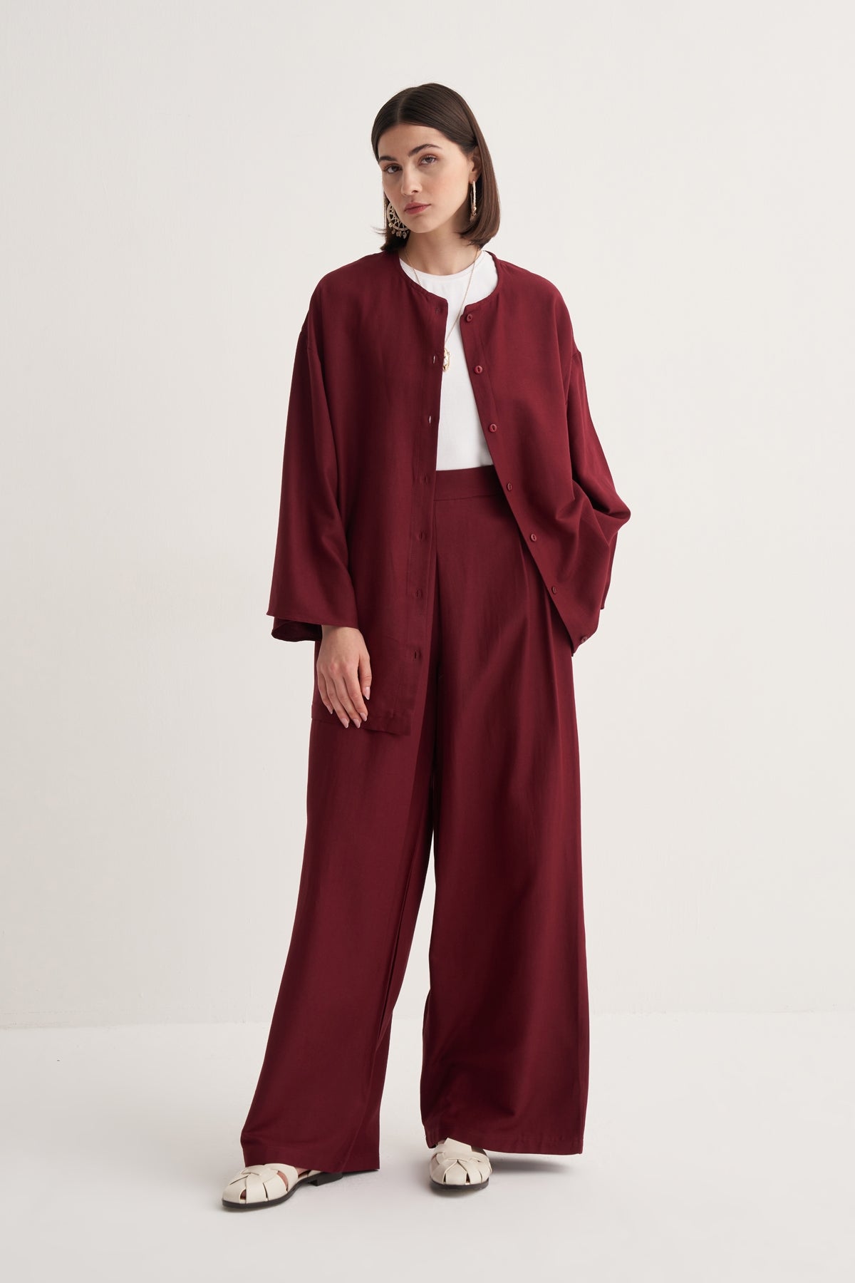 Kadın Dökümlü Pamuklu Kimono Gömlek Bordo