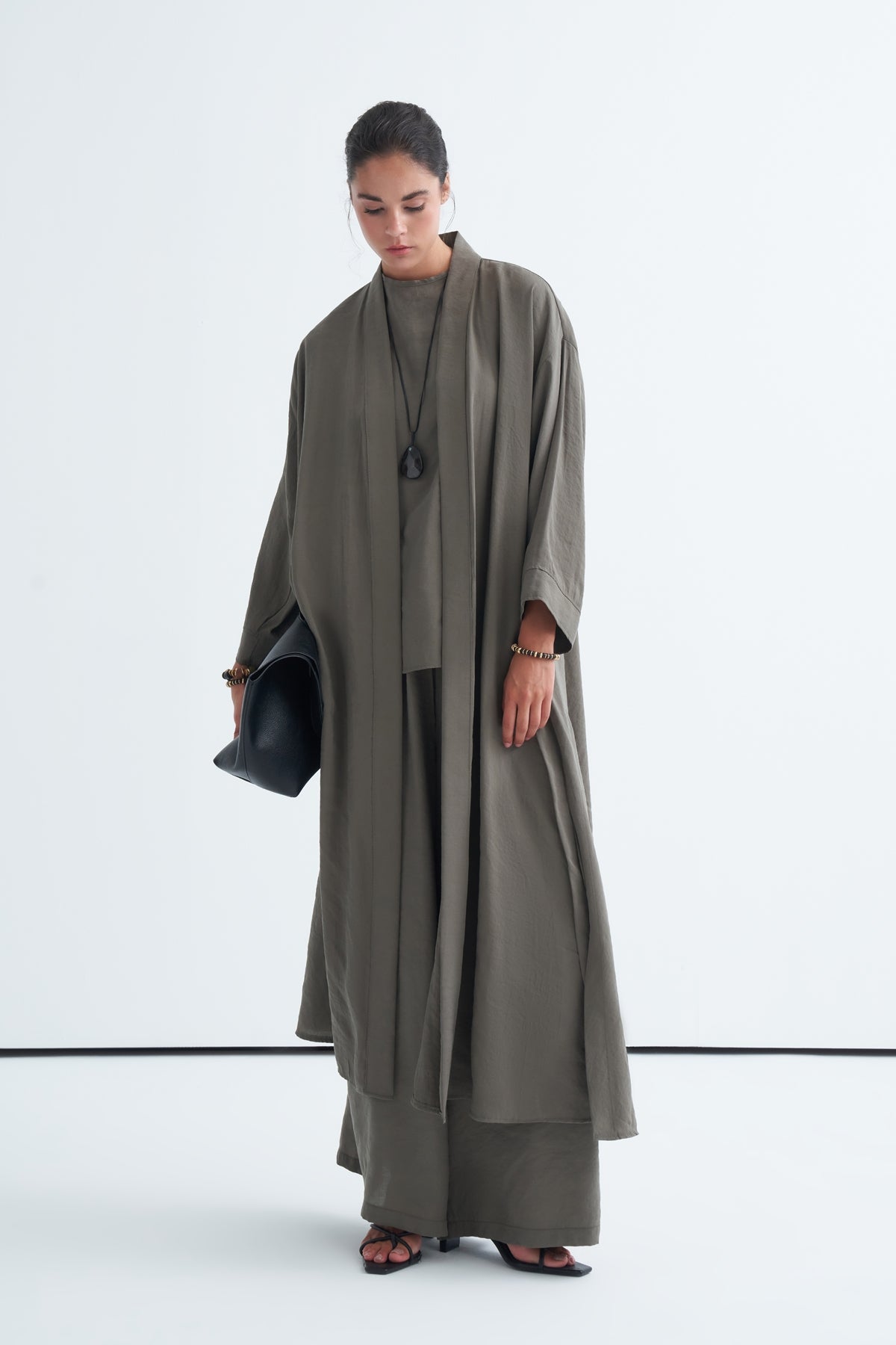 Modal 3'lü Pantolon Bluzlu Abaya Takım Haki