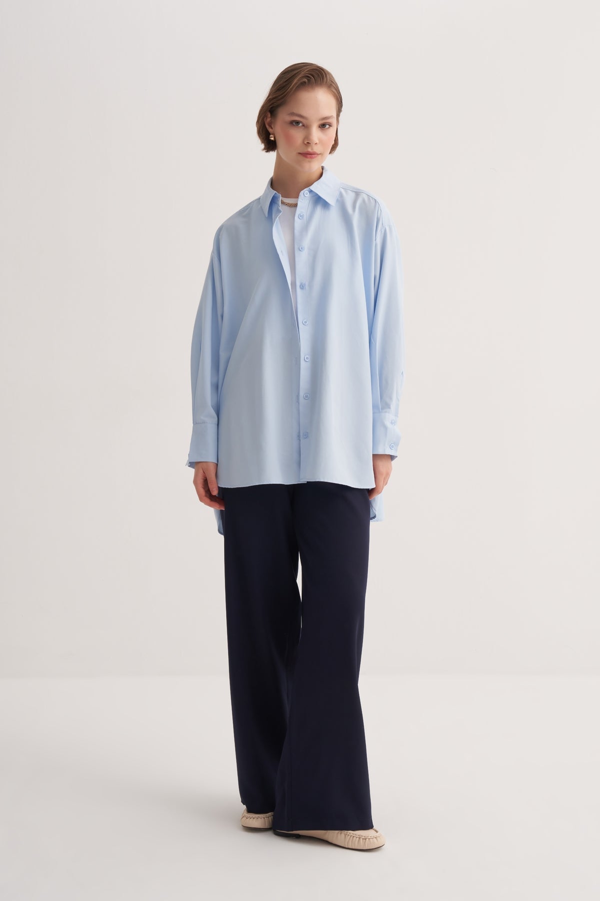 Kadın Poplin Oversize Robalı Gömlek Mavi